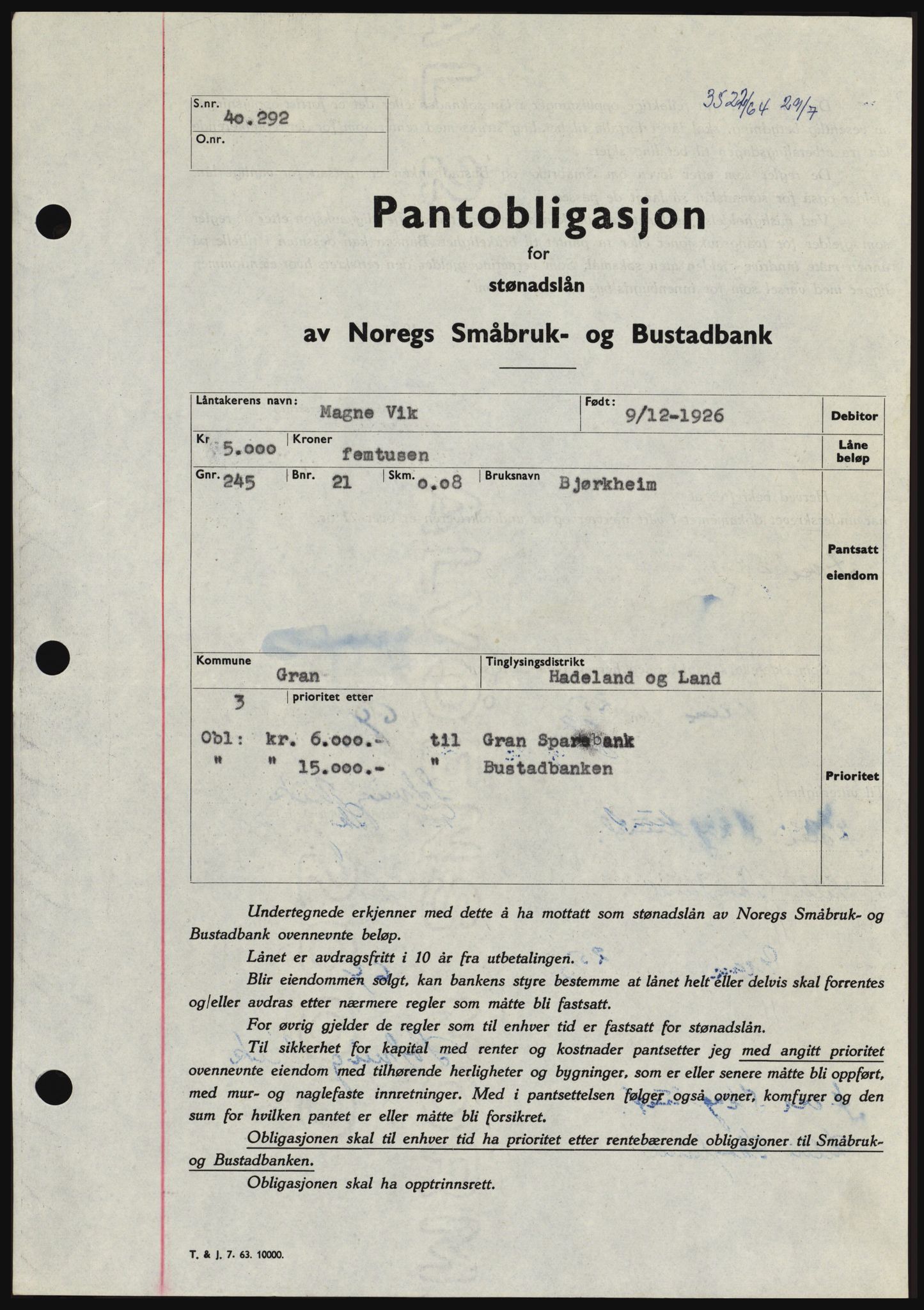 Hadeland og Land tingrett, SAH/TING-010/H/Hb/Hbc/L0055: Pantebok nr. B55, 1964-1964, Dagboknr: 3522/1964