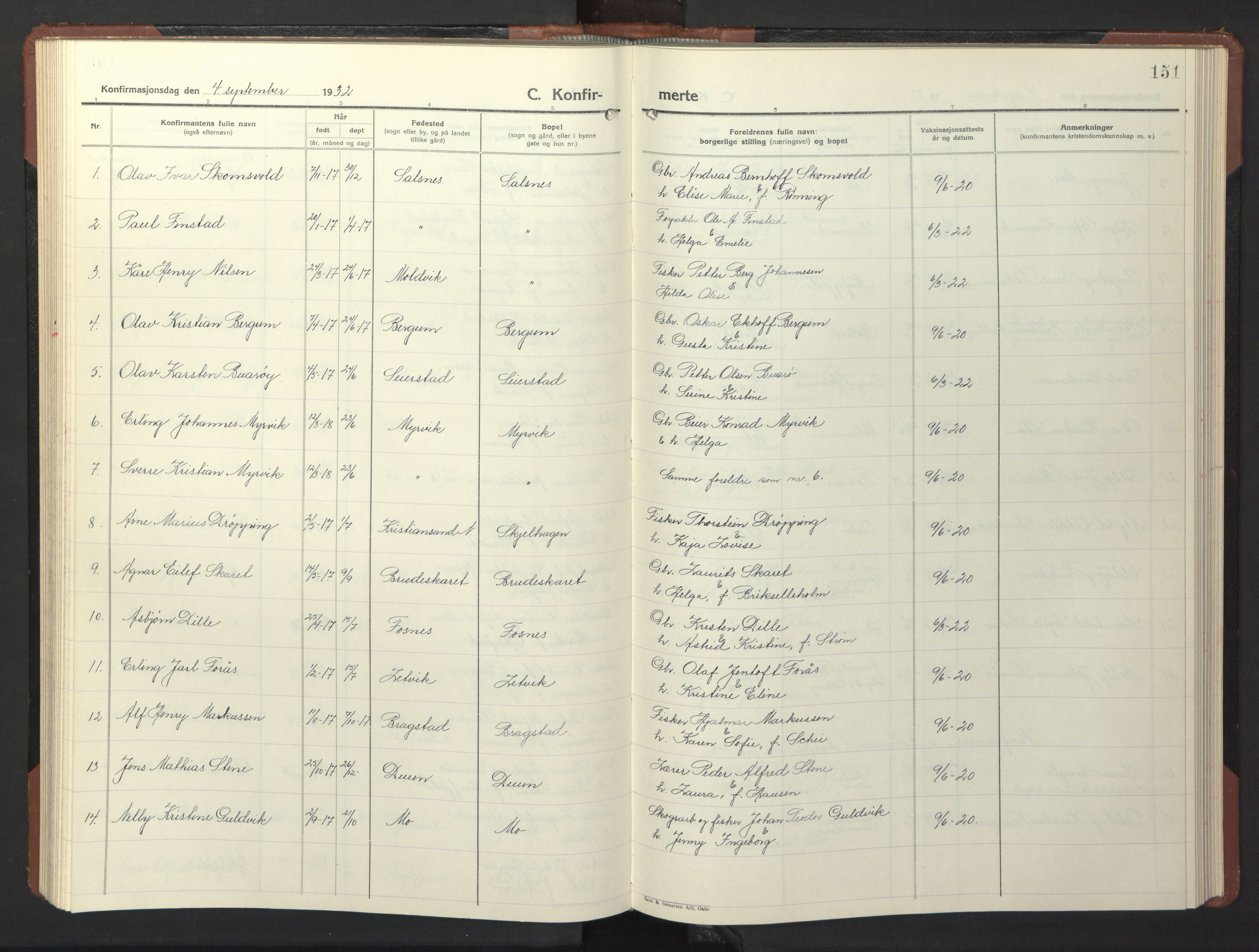Ministerialprotokoller, klokkerbøker og fødselsregistre - Nord-Trøndelag, AV/SAT-A-1458/773/L0625: Klokkerbok nr. 773C01, 1910-1952, s. 151