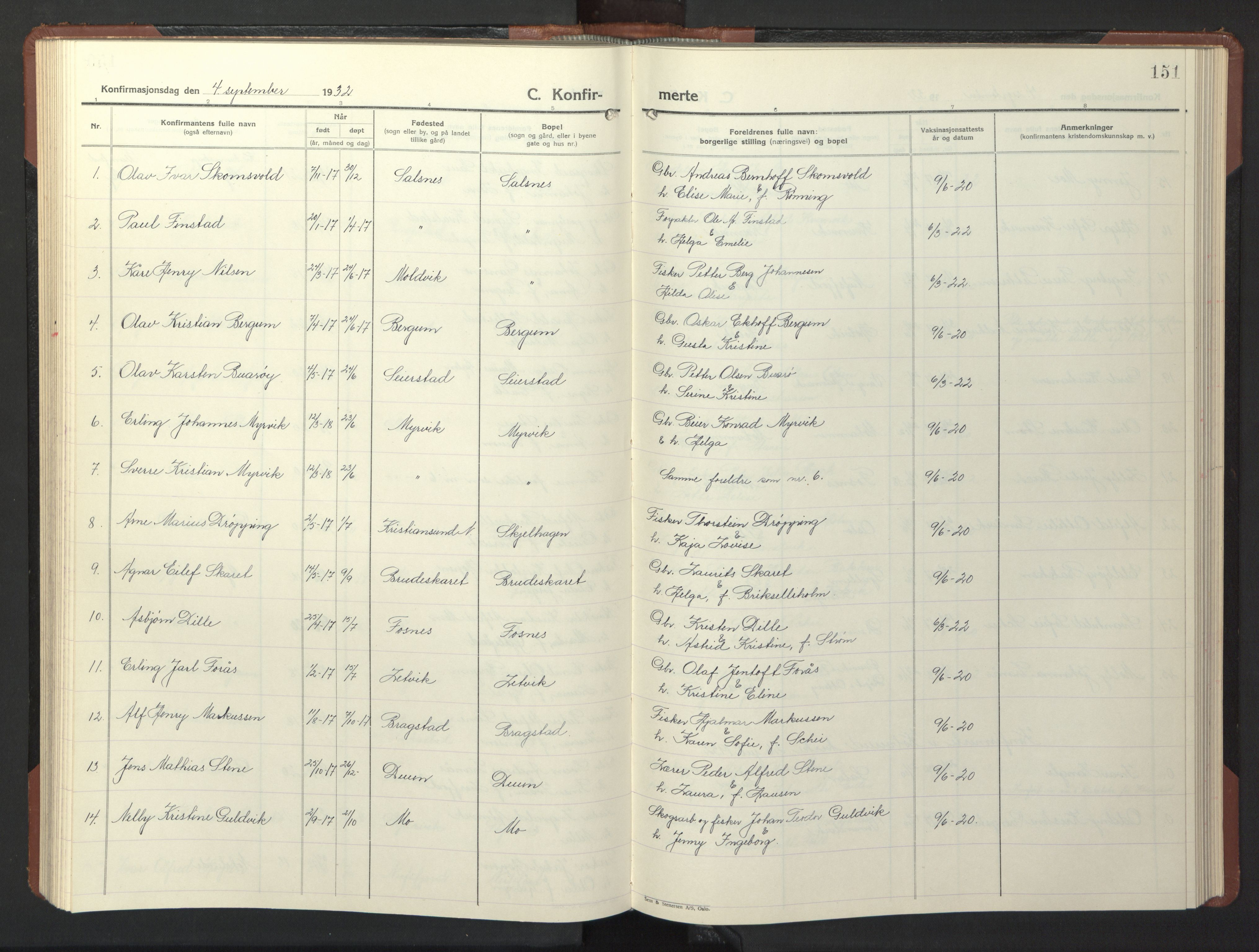 Ministerialprotokoller, klokkerbøker og fødselsregistre - Nord-Trøndelag, SAT/A-1458/773/L0625: Klokkerbok nr. 773C01, 1910-1952, s. 151