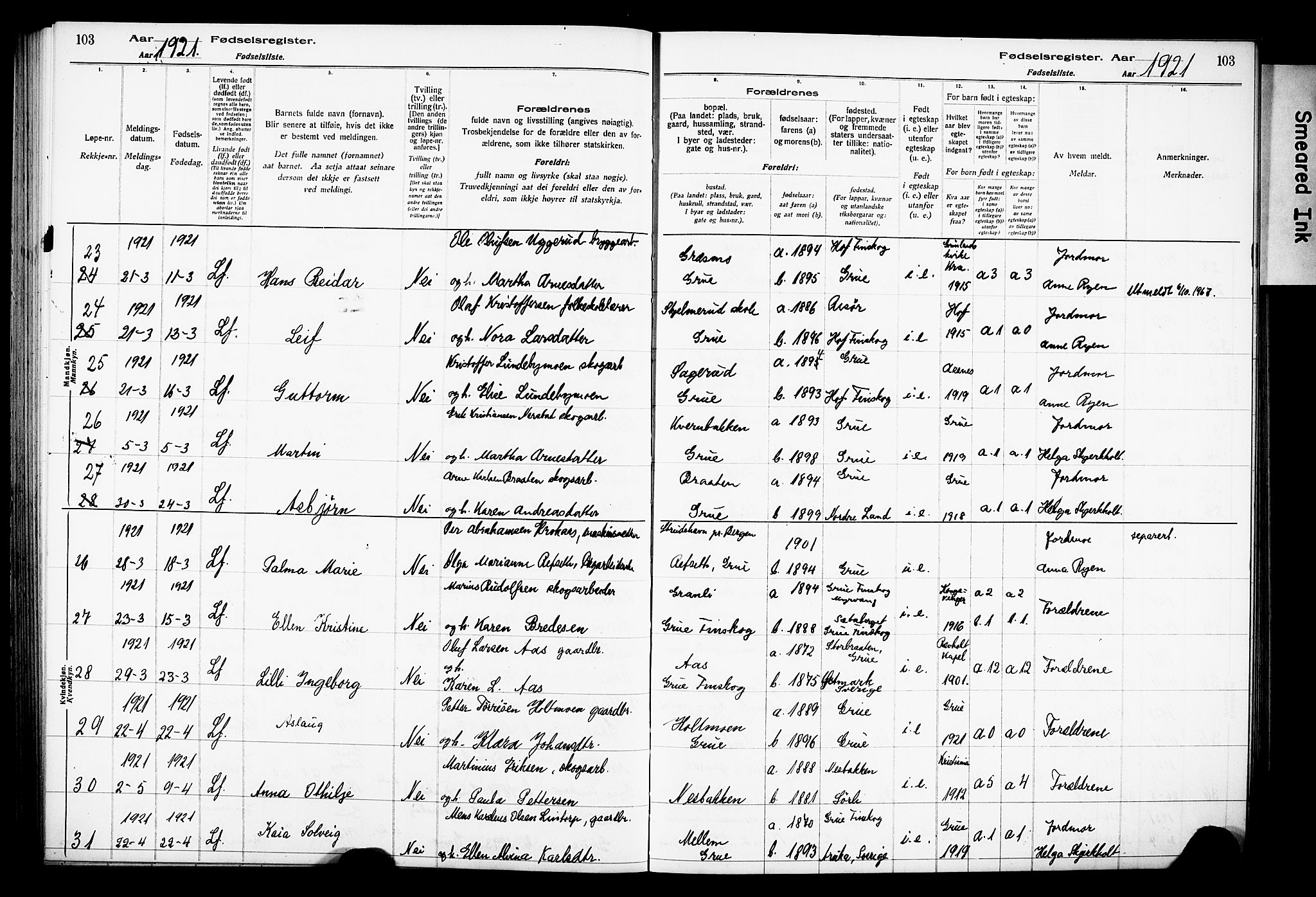 Grue prestekontor, SAH/PREST-036/I/Id: Fødselsregister nr. 1, 1916-1926, s. 103
