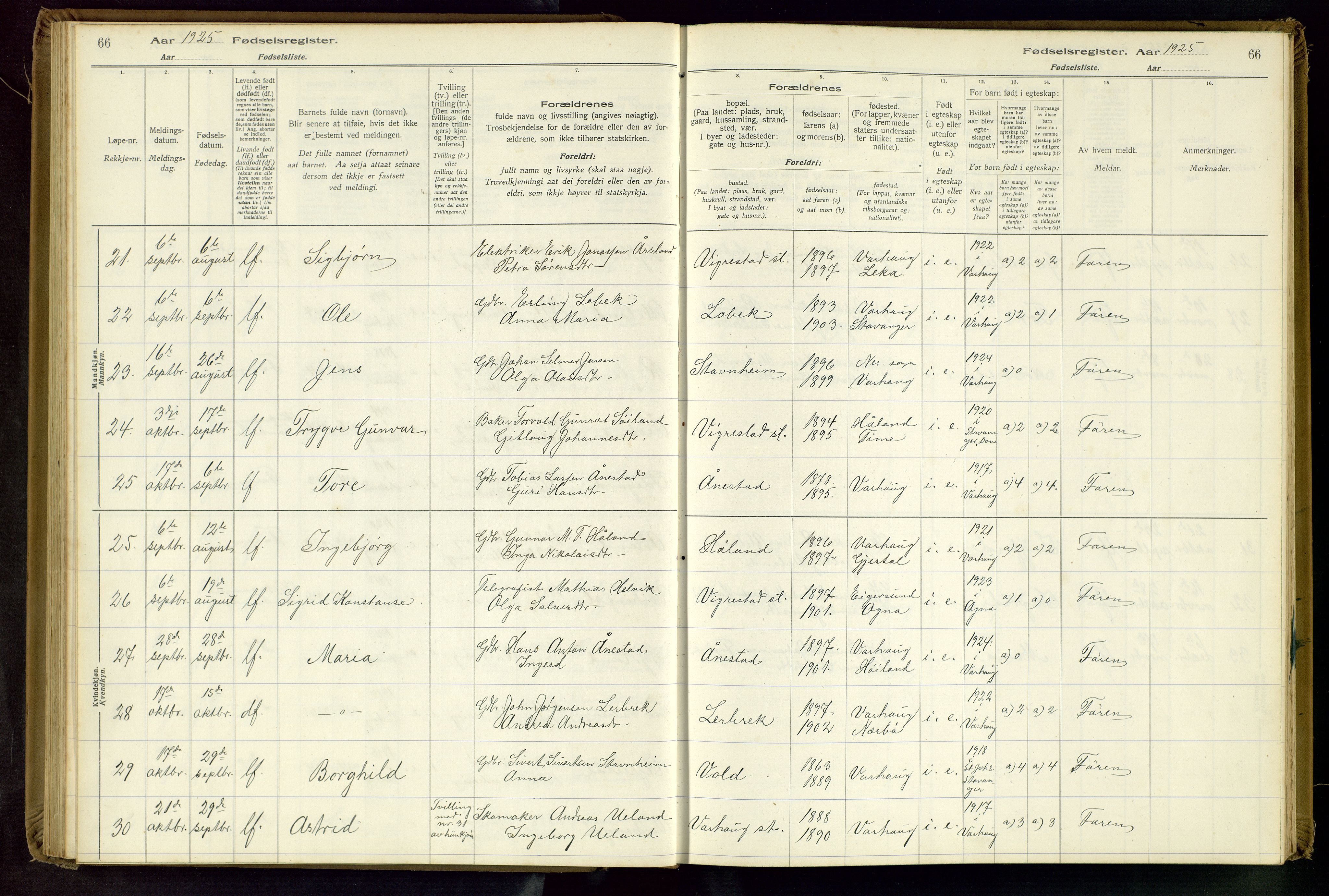 Hå sokneprestkontor, AV/SAST-A-101801/001/704BA/L0001: Fødselsregister nr. 1, 1916-1944, s. 66