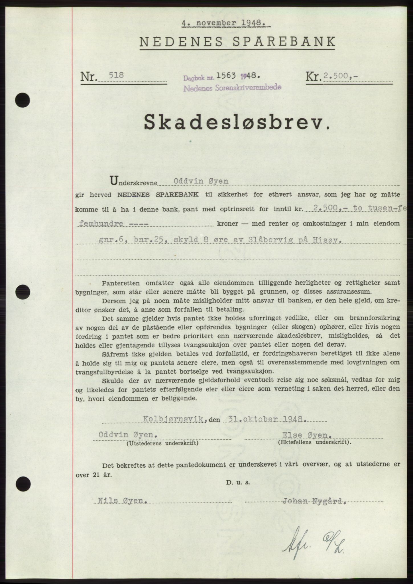 Nedenes sorenskriveri, AV/SAK-1221-0006/G/Gb/Gbb/L0005: Pantebok nr. B5, 1948-1948, Dagboknr: 1563/1948