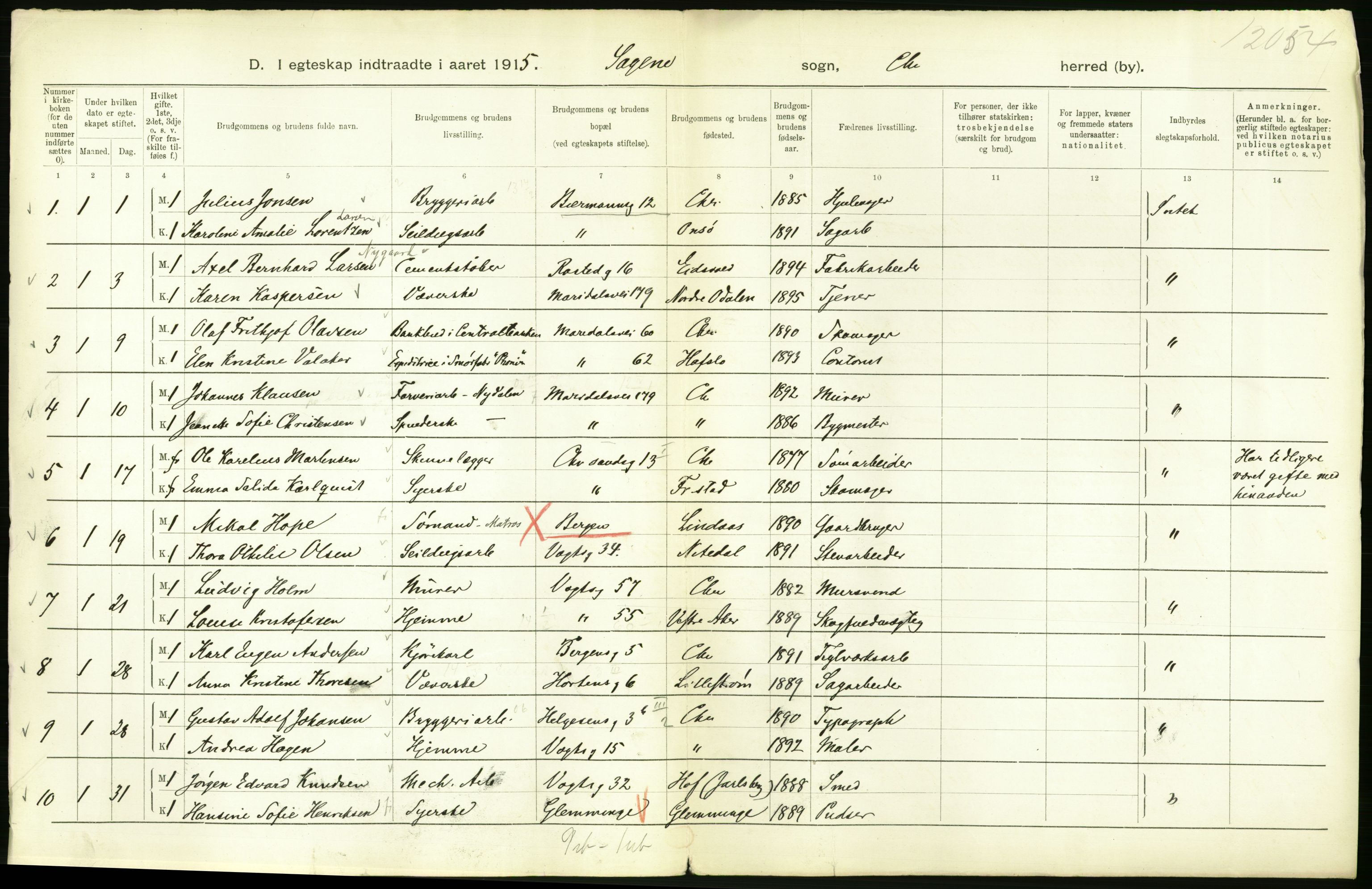 Statistisk sentralbyrå, Sosiodemografiske emner, Befolkning, RA/S-2228/D/Df/Dfb/Dfbe/L0008: Kristiania: Gifte., 1915, s. 440