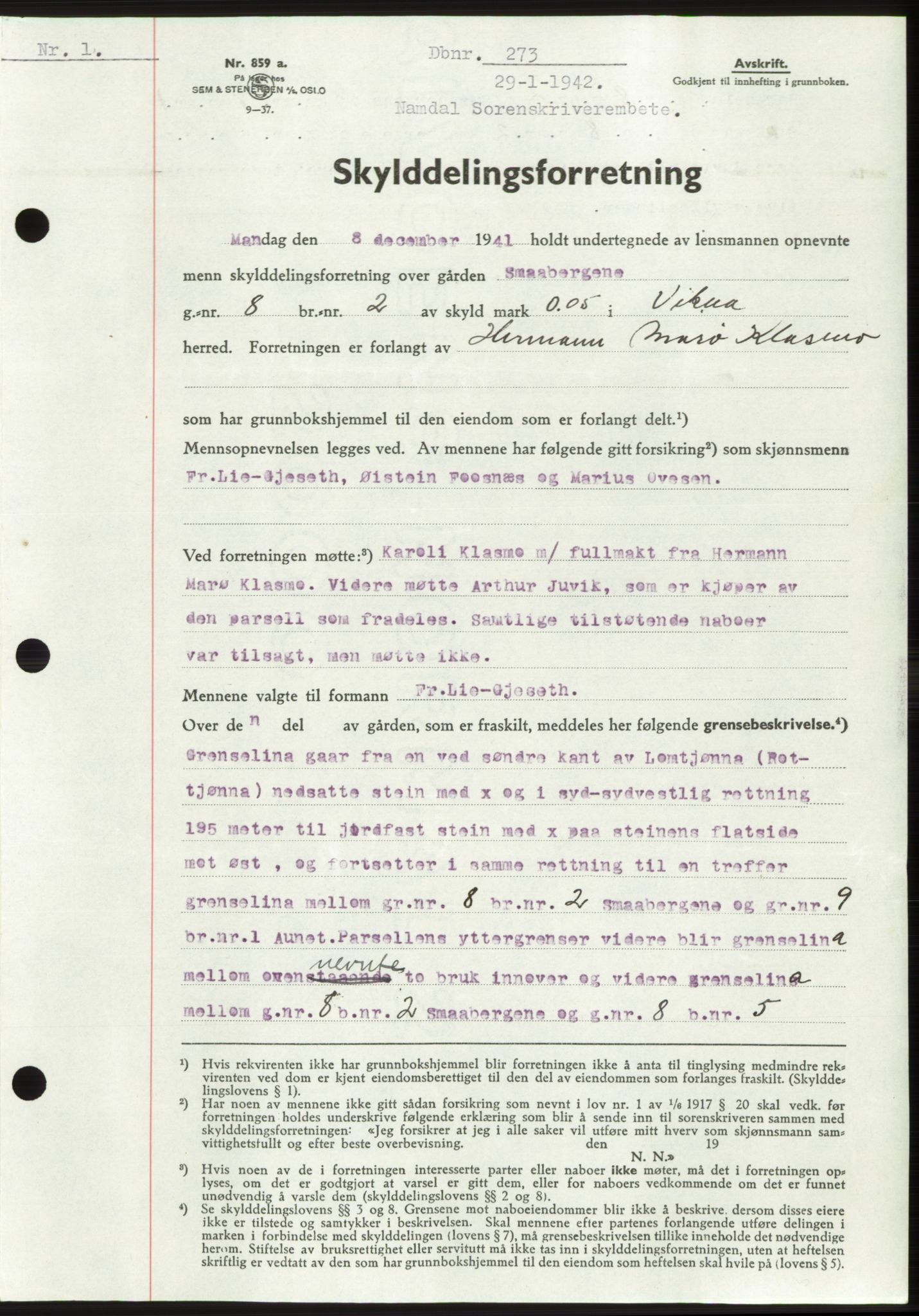 Namdal sorenskriveri, SAT/A-4133/1/2/2C: Pantebok nr. -, 1941-1942, Dagboknr: 273/1942