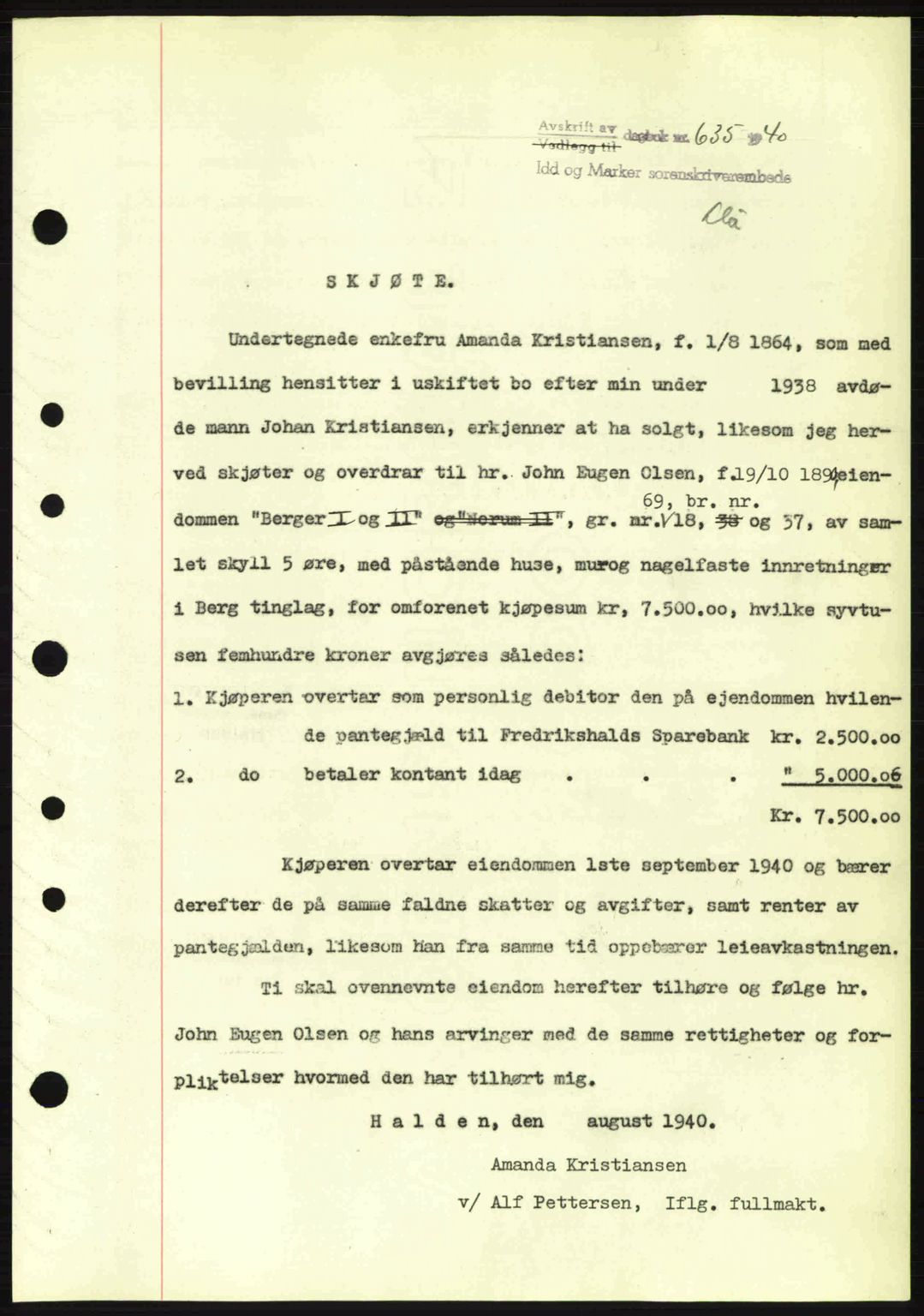 Idd og Marker sorenskriveri, AV/SAO-A-10283/G/Gb/Gbb/L0004: Pantebok nr. A4, 1940-1941, Dagboknr: 635/1940