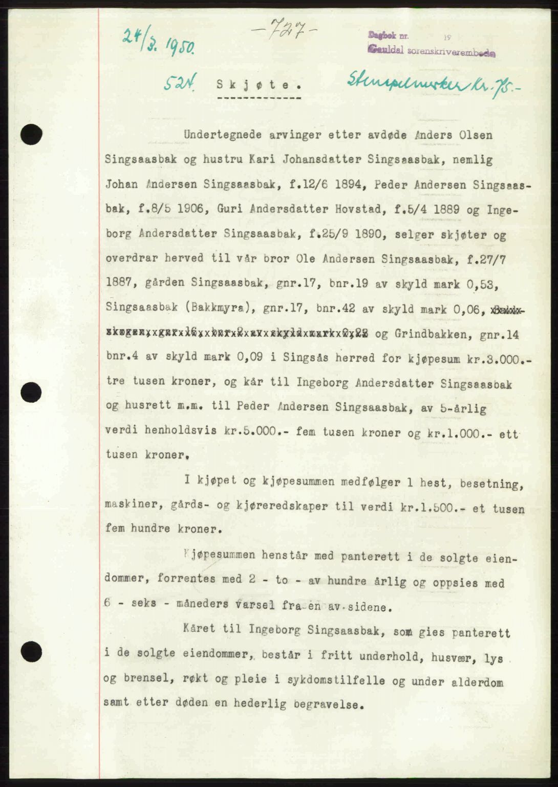 Gauldal sorenskriveri, SAT/A-0014/1/2/2C: Pantebok nr. A9, 1949-1950, Dagboknr: 524/1950