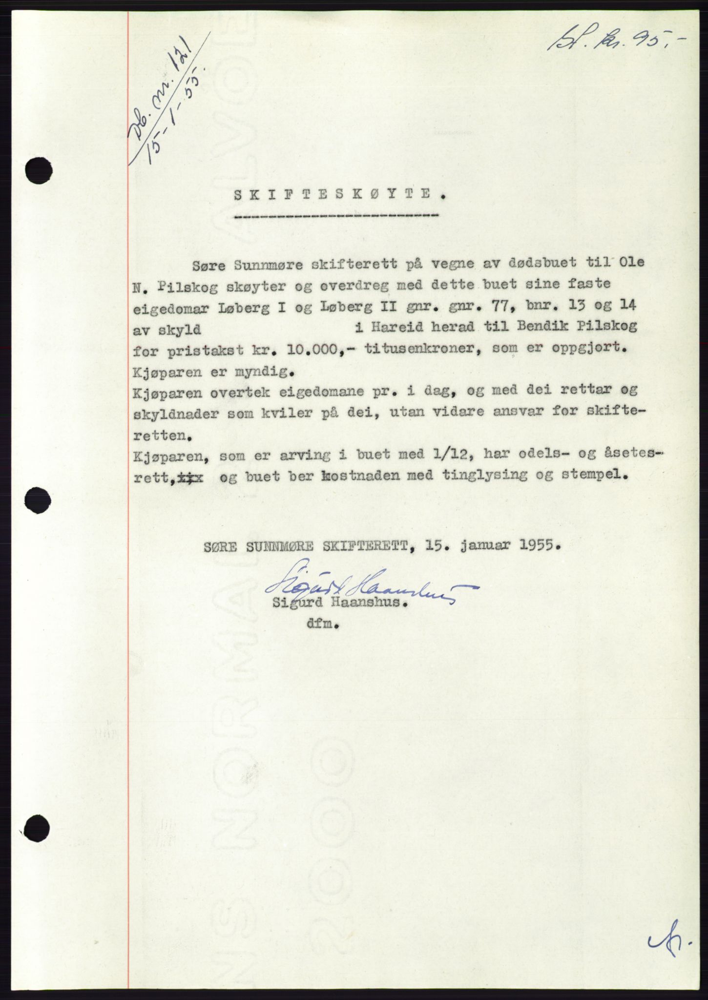 Søre Sunnmøre sorenskriveri, AV/SAT-A-4122/1/2/2C/L0100: Pantebok nr. 26A, 1954-1955, Dagboknr: 121/1955