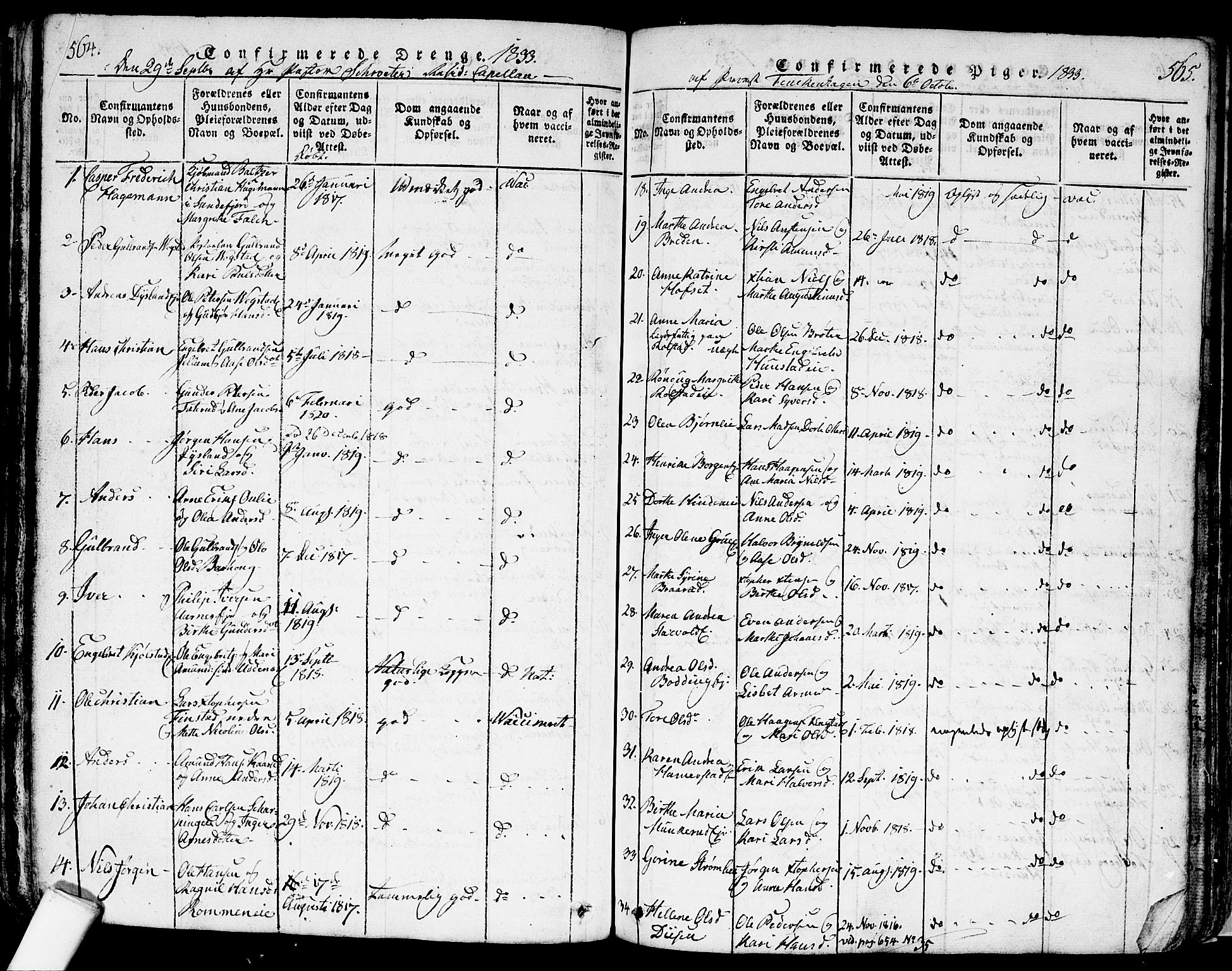 Nes prestekontor Kirkebøker, SAO/A-10410/F/Fa/L0005: Ministerialbok nr. I 5, 1815-1835, s. 564-565