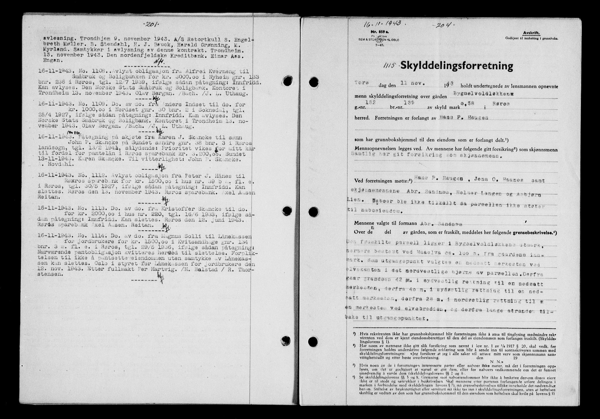 Gauldal sorenskriveri, SAT/A-0014/1/2/2C/L0057: Pantebok nr. 62, 1943-1944, Dagboknr: 1115/1943