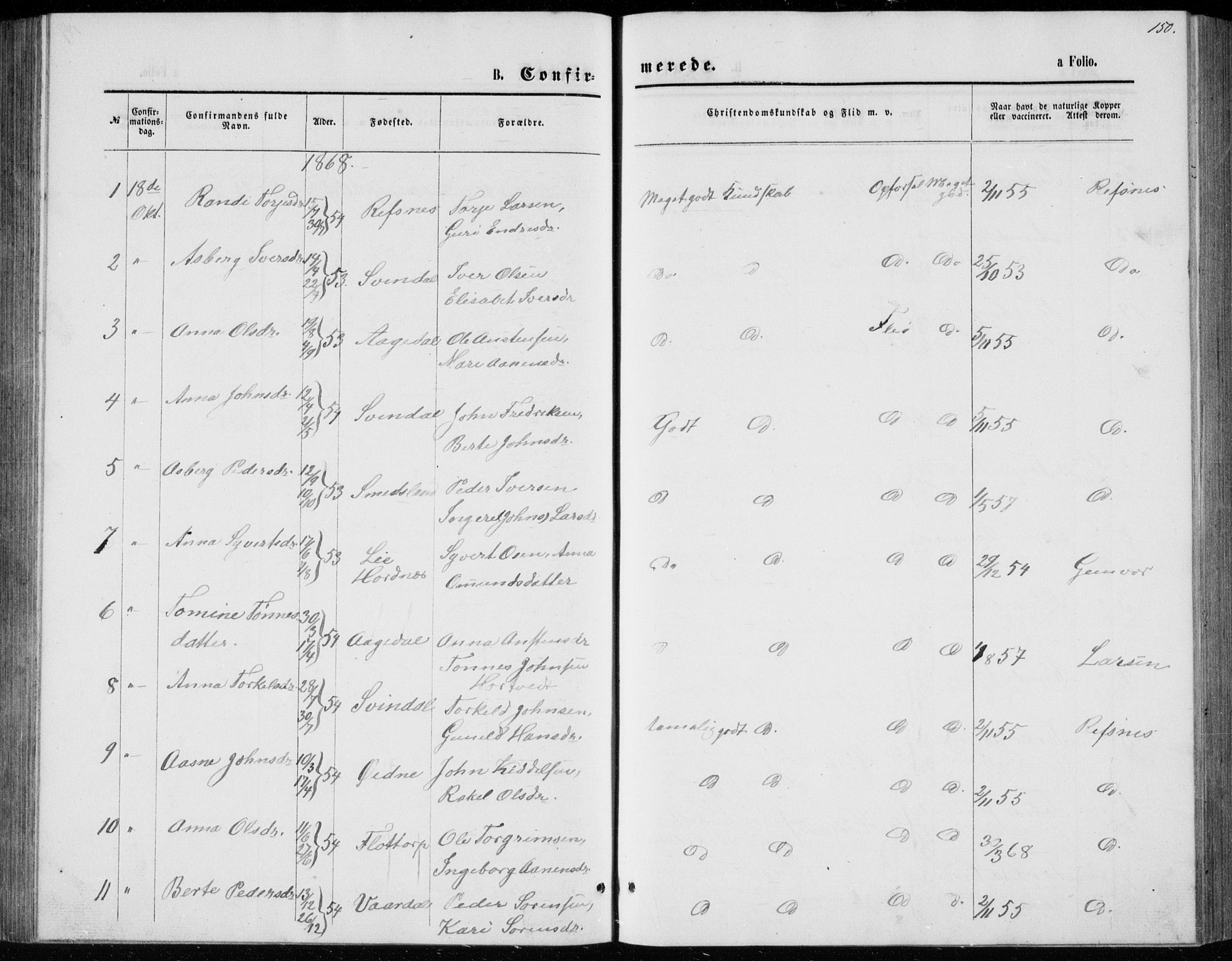 Bjelland sokneprestkontor, SAK/1111-0005/F/Fb/Fbc/L0002: Klokkerbok nr. B 2, 1867-1887, s. 150