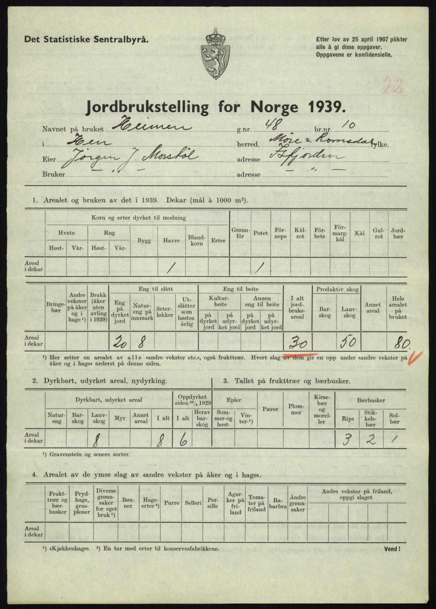 Statistisk sentralbyrå, Næringsøkonomiske emner, Jordbruk, skogbruk, jakt, fiske og fangst, AV/RA-S-2234/G/Gb/L0251: Møre og Romsdal: Voll, Eid, Grytten og Hen, 1939, s. 1167