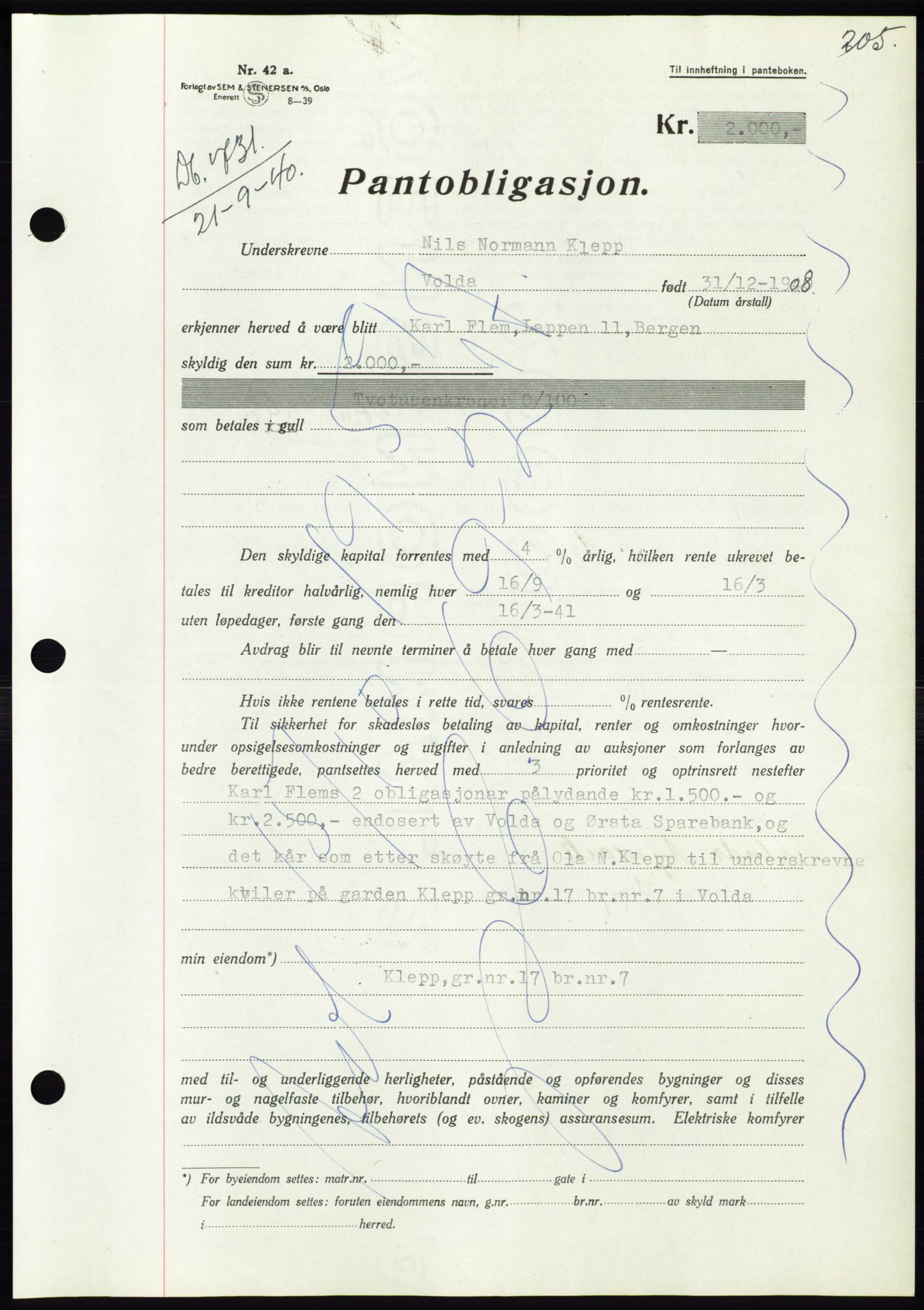 Søre Sunnmøre sorenskriveri, AV/SAT-A-4122/1/2/2C/L0070: Pantebok nr. 64, 1940-1941, Dagboknr: 731/1940