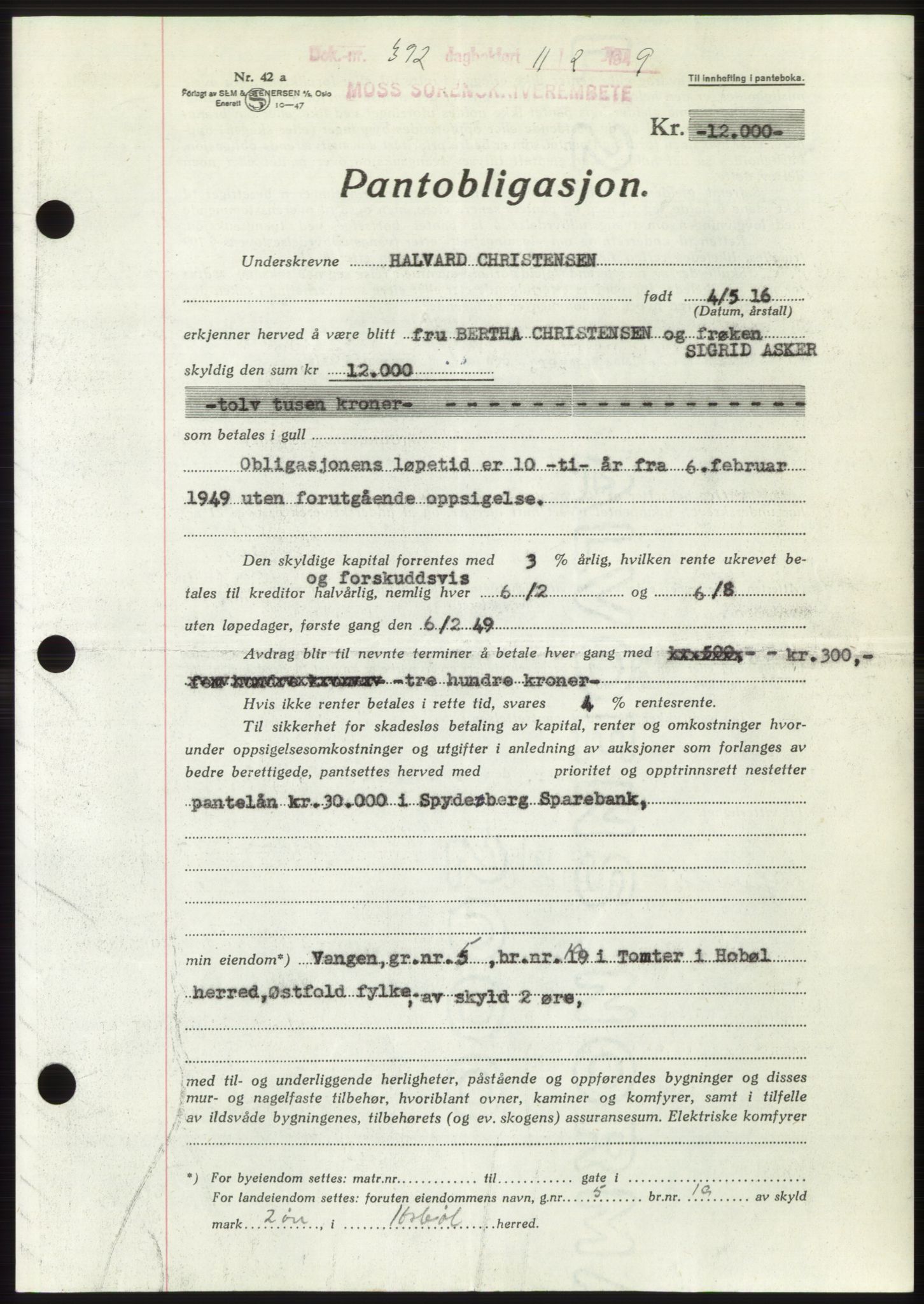 Moss sorenskriveri, SAO/A-10168: Pantebok nr. B21, 1949-1949, Dagboknr: 392/1949