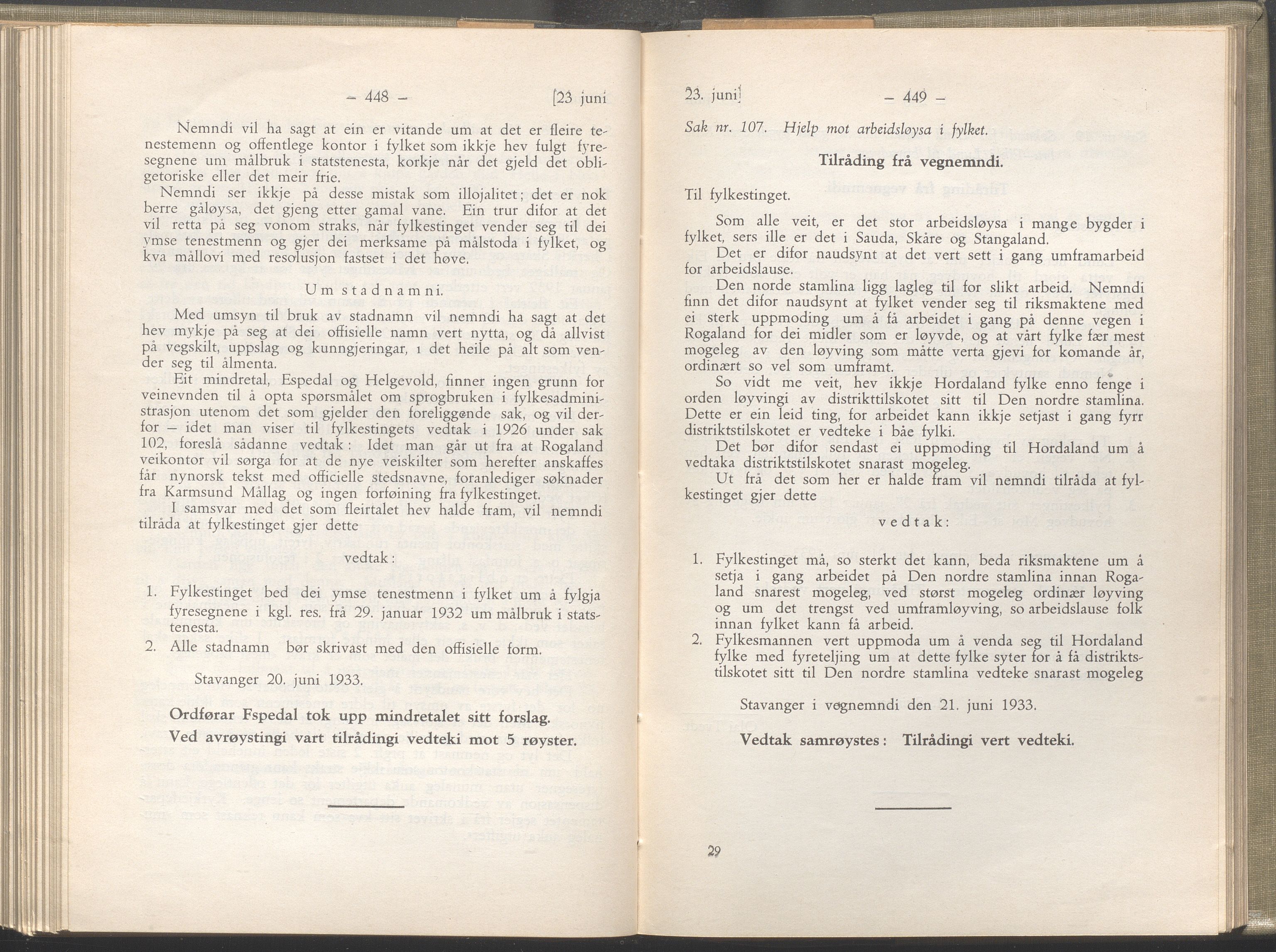 Rogaland fylkeskommune - Fylkesrådmannen , IKAR/A-900/A/Aa/Aaa/L0052: Møtebok , 1933, s. 448-449