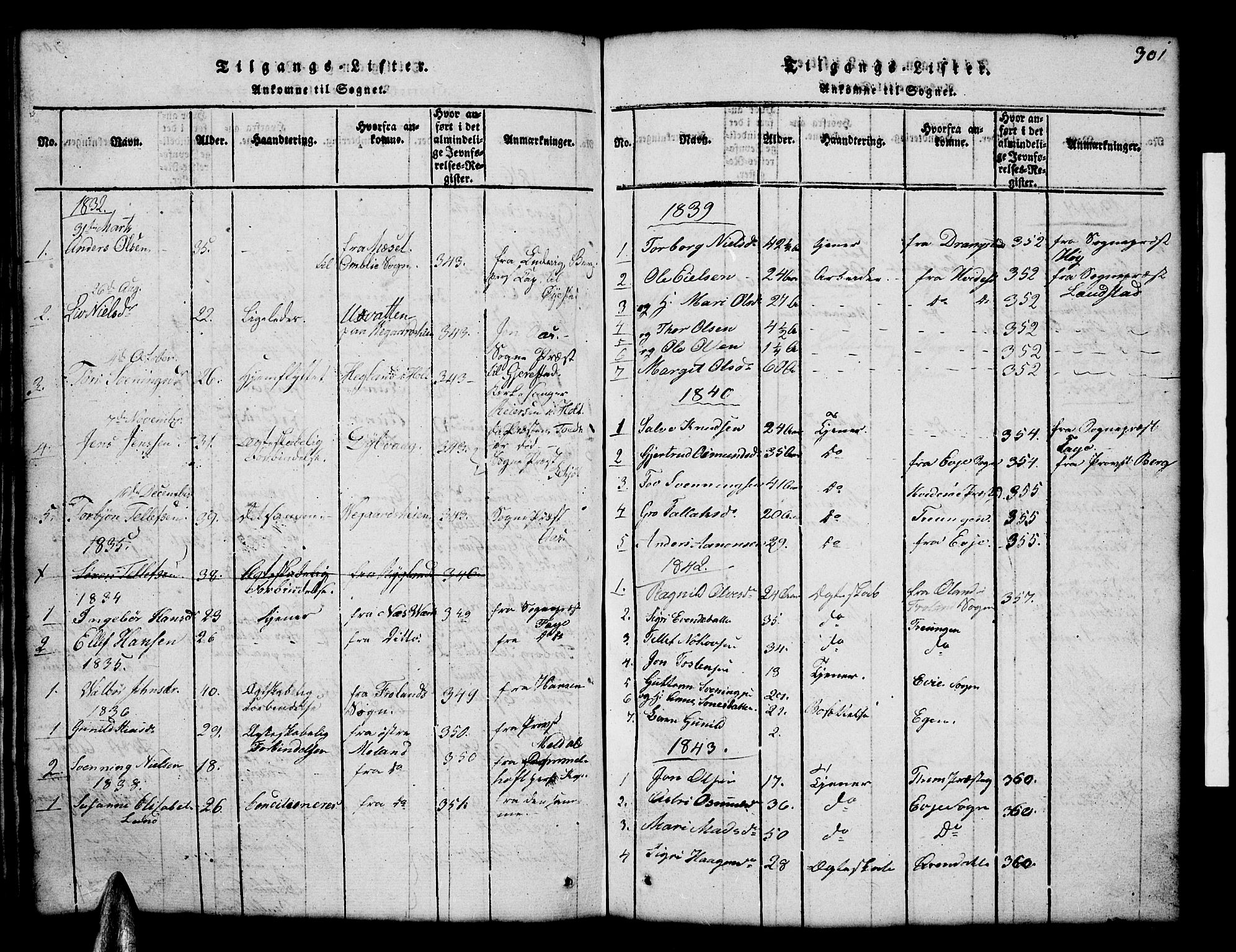 Åmli sokneprestkontor, AV/SAK-1111-0050/F/Fb/Fbc/L0001: Klokkerbok nr. B 1, 1816-1867, s. 301