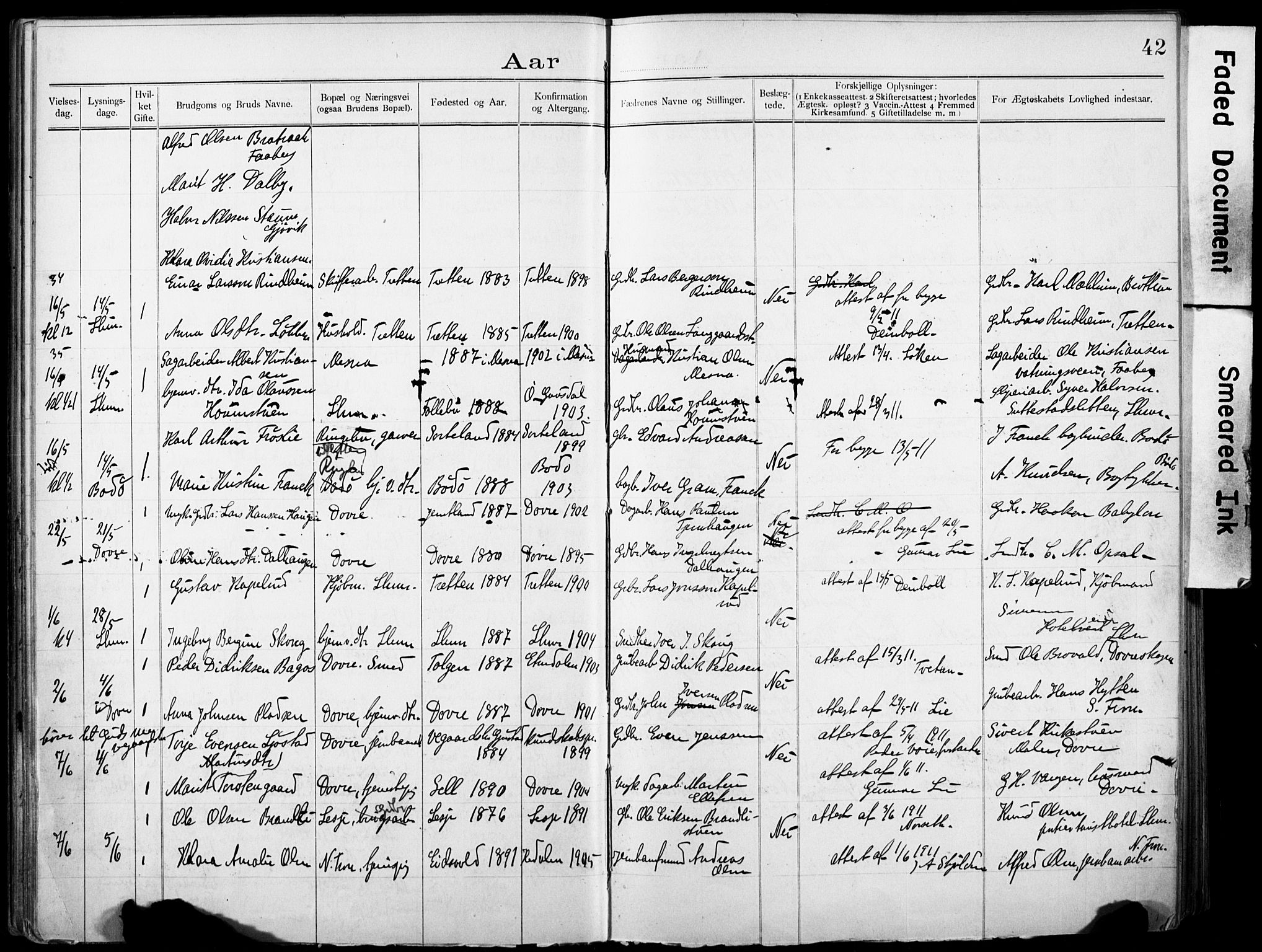 Lillehammer prestekontor, AV/SAH-PREST-088/I/Ie: Lysningsprotokoll nr. 1, 1903-1932, s. 42
