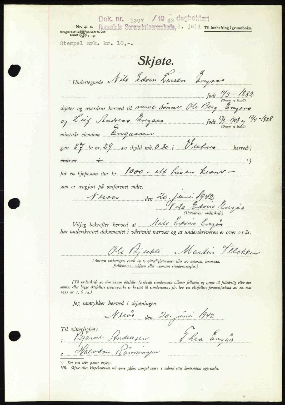 Romsdal sorenskriveri, AV/SAT-A-4149/1/2/2C: Pantebok nr. A12, 1942-1942, Dagboknr: 1397/1942