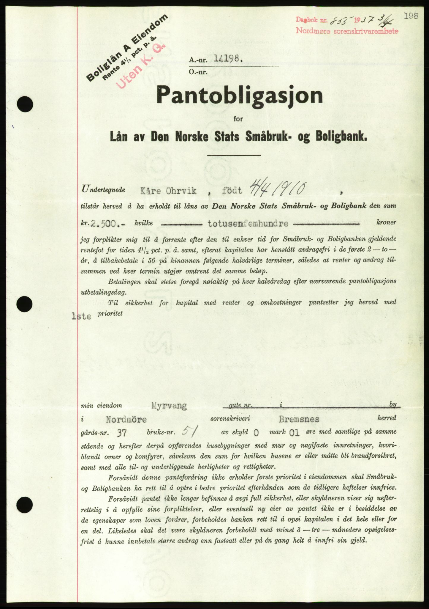 Nordmøre sorenskriveri, AV/SAT-A-4132/1/2/2Ca/L0091: Pantebok nr. B81, 1937-1937, Dagboknr: 855/1937