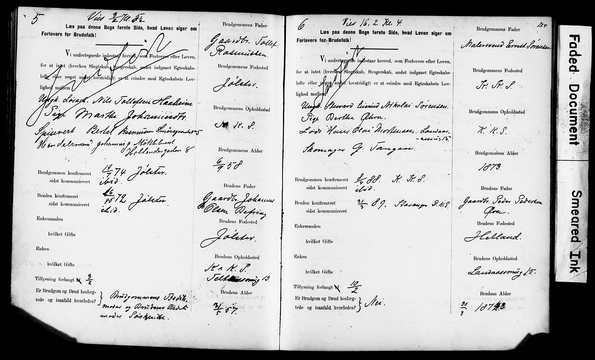 Korskirken sokneprestembete, SAB/A-76101: Forlovererklæringer nr. II.5.6, 1889-1898, s. 224