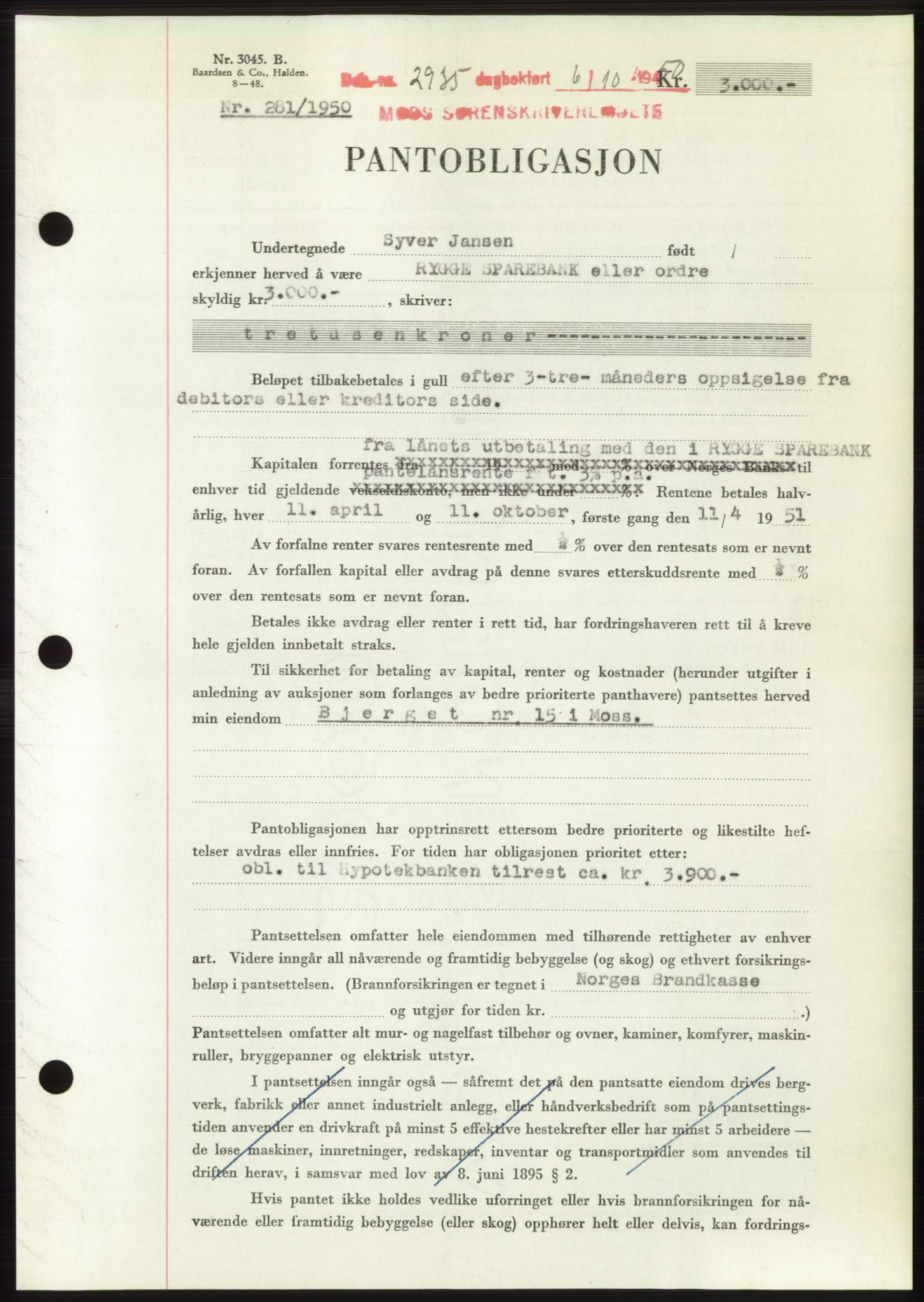Moss sorenskriveri, SAO/A-10168: Pantebok nr. B25, 1950-1950, Dagboknr: 2935/1950