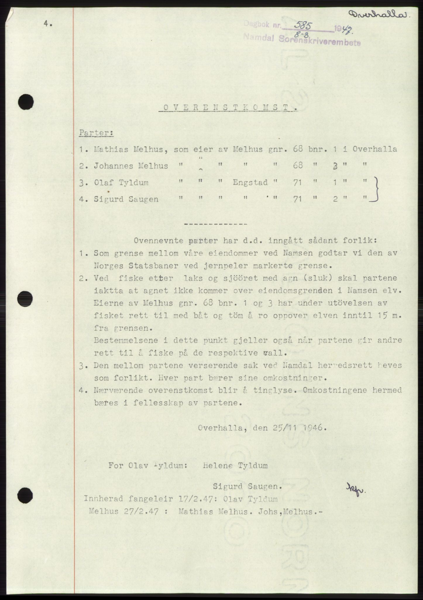 Namdal sorenskriveri, SAT/A-4133/1/2/2C: Pantebok nr. -, 1946-1947, Dagboknr: 585/1947