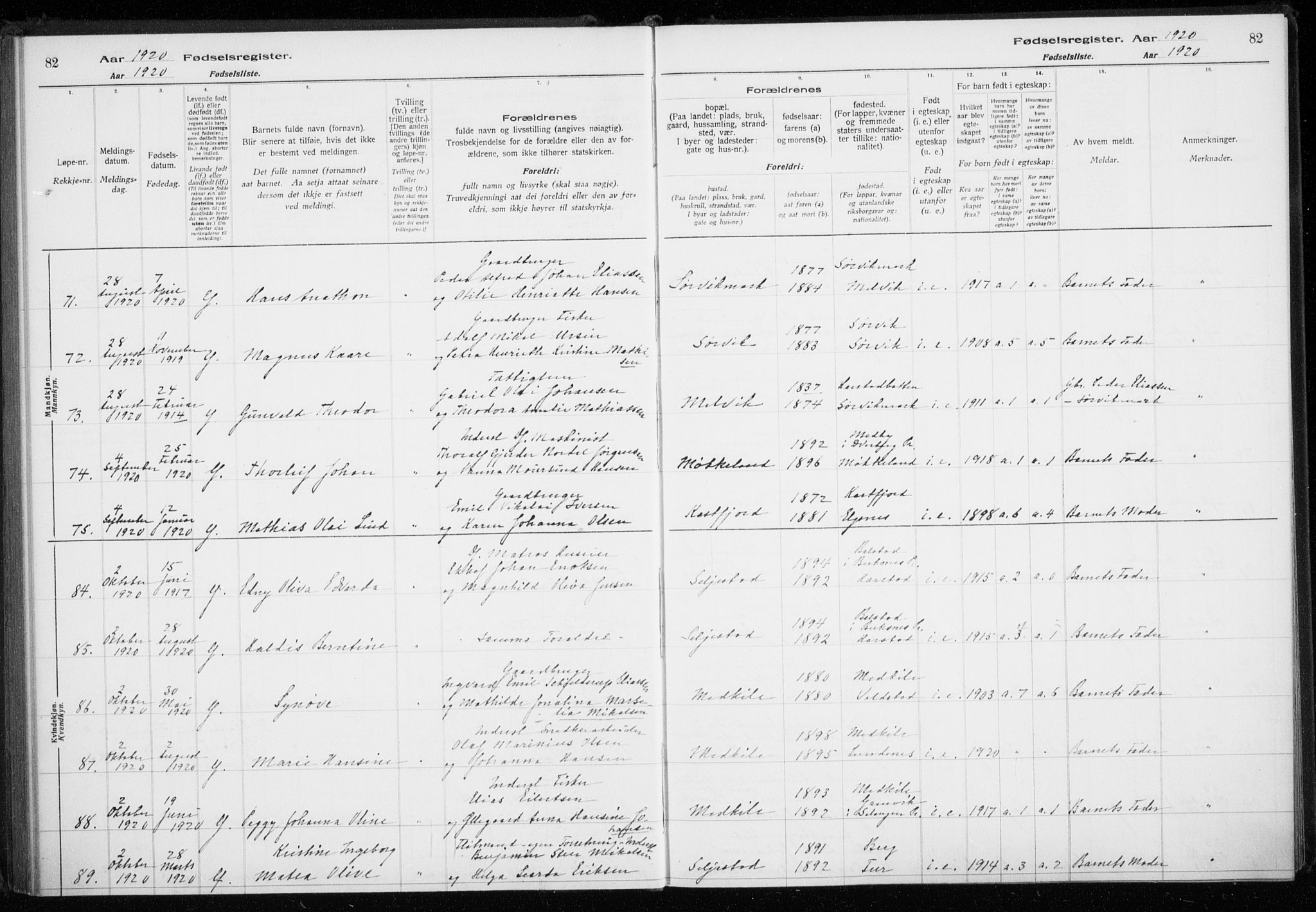 Trondenes sokneprestkontor, AV/SATØ-S-1319/I/Ia/L0089: Fødselsregister nr. 89, 1916-1925, s. 82