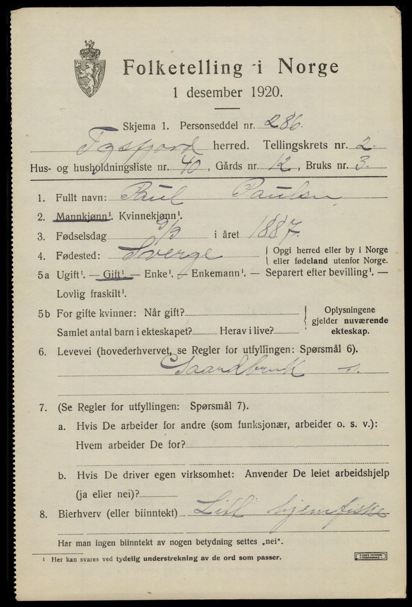 SAT, Folketelling 1920 for 1850 Tysfjord herred, 1920, s. 1801