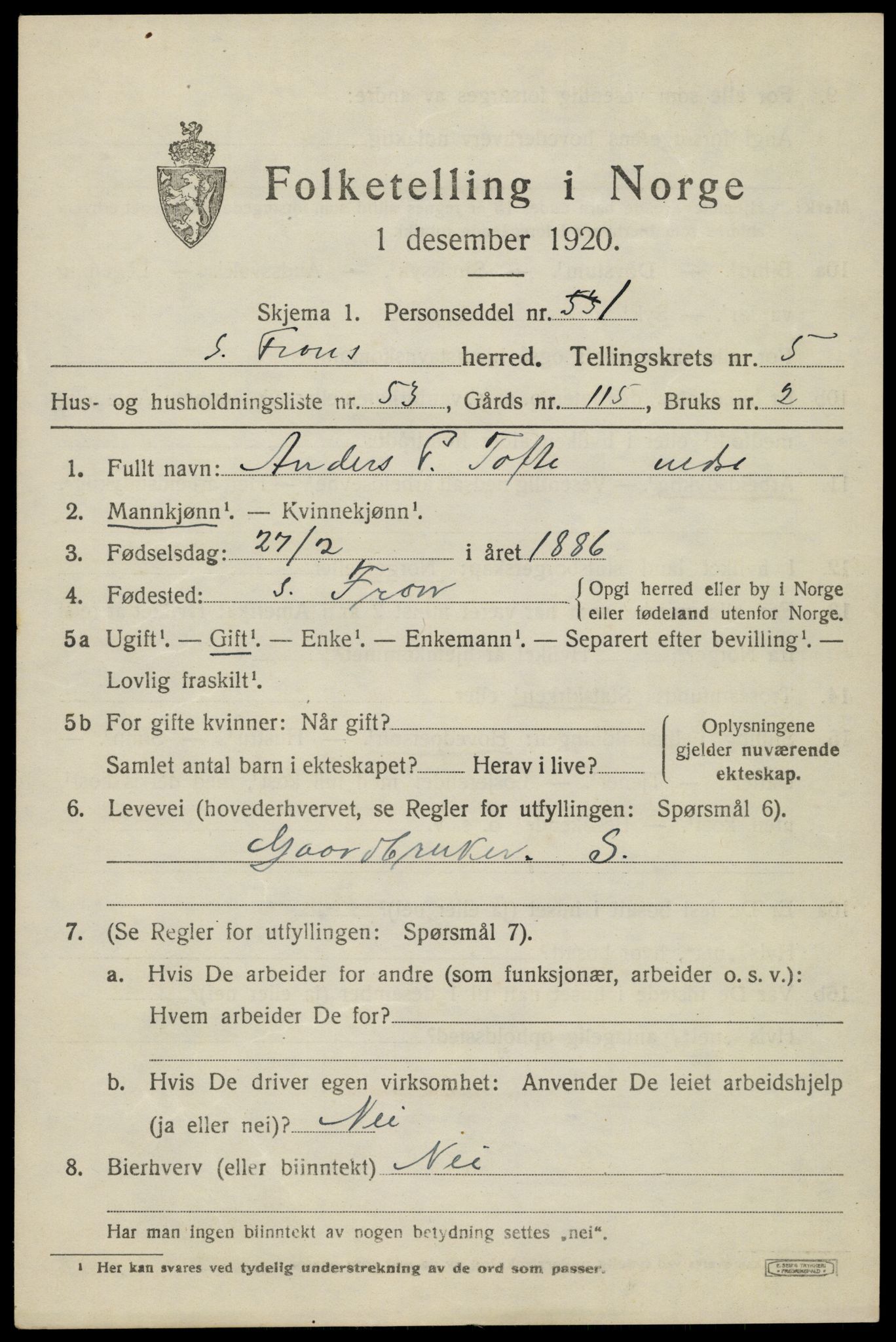 SAH, Folketelling 1920 for 0519 Sør-Fron herred, 1920, s. 6003