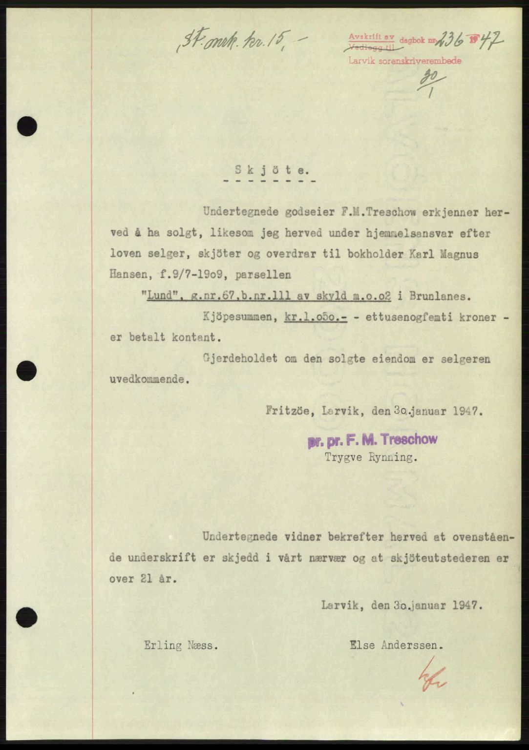 Larvik sorenskriveri, SAKO/A-83/G/Ga/Gab/L0083: Pantebok nr. A-17, 1946-1947, Dagboknr: 236/1947