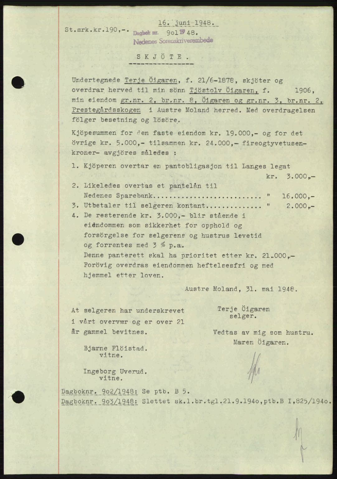 Nedenes sorenskriveri, SAK/1221-0006/G/Gb/Gba/L0059: Pantebok nr. A11, 1948-1948, Dagboknr: 901/1948