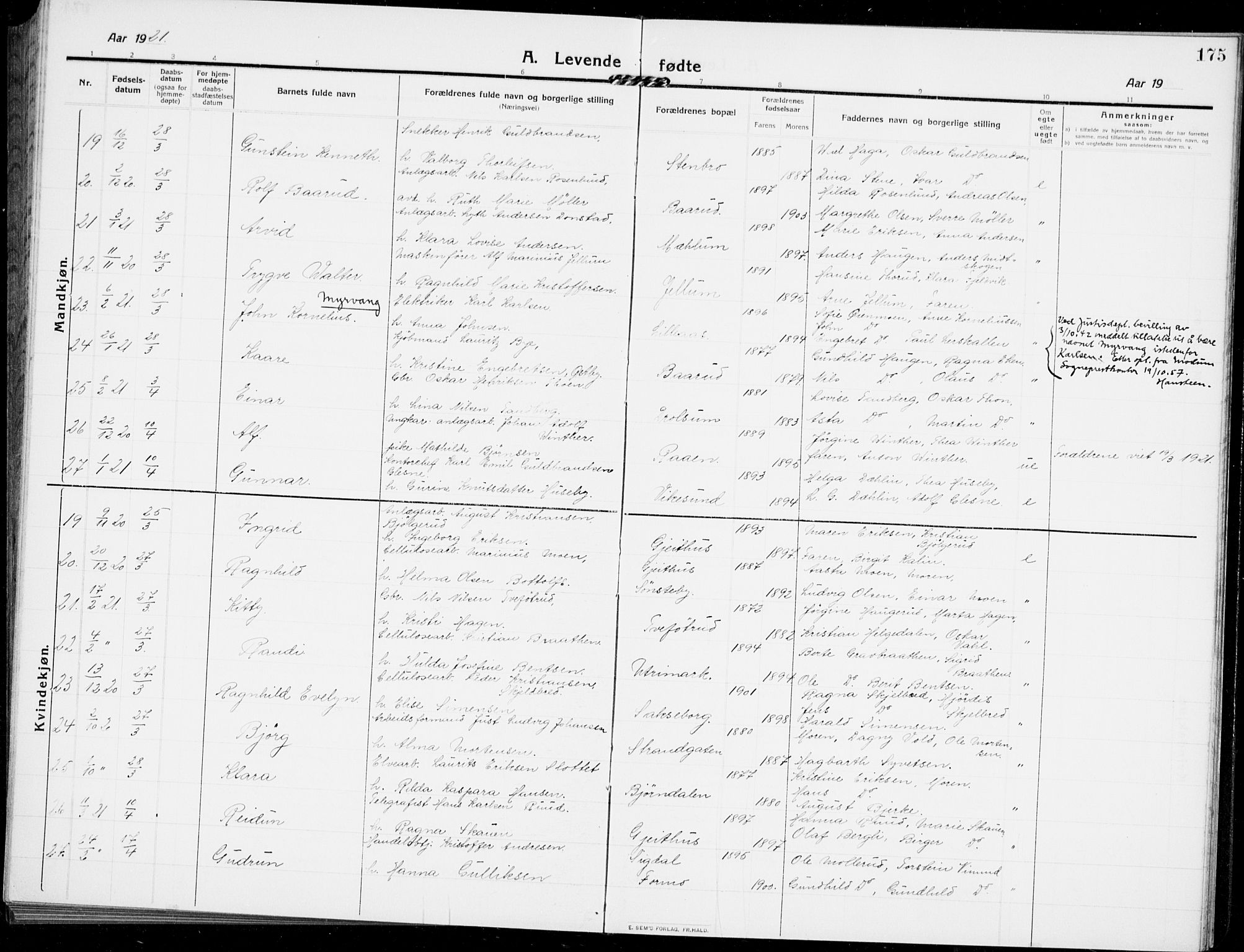 Modum kirkebøker, SAKO/A-234/G/Ga/L0009: Klokkerbok nr. I 9, 1909-1923, s. 175