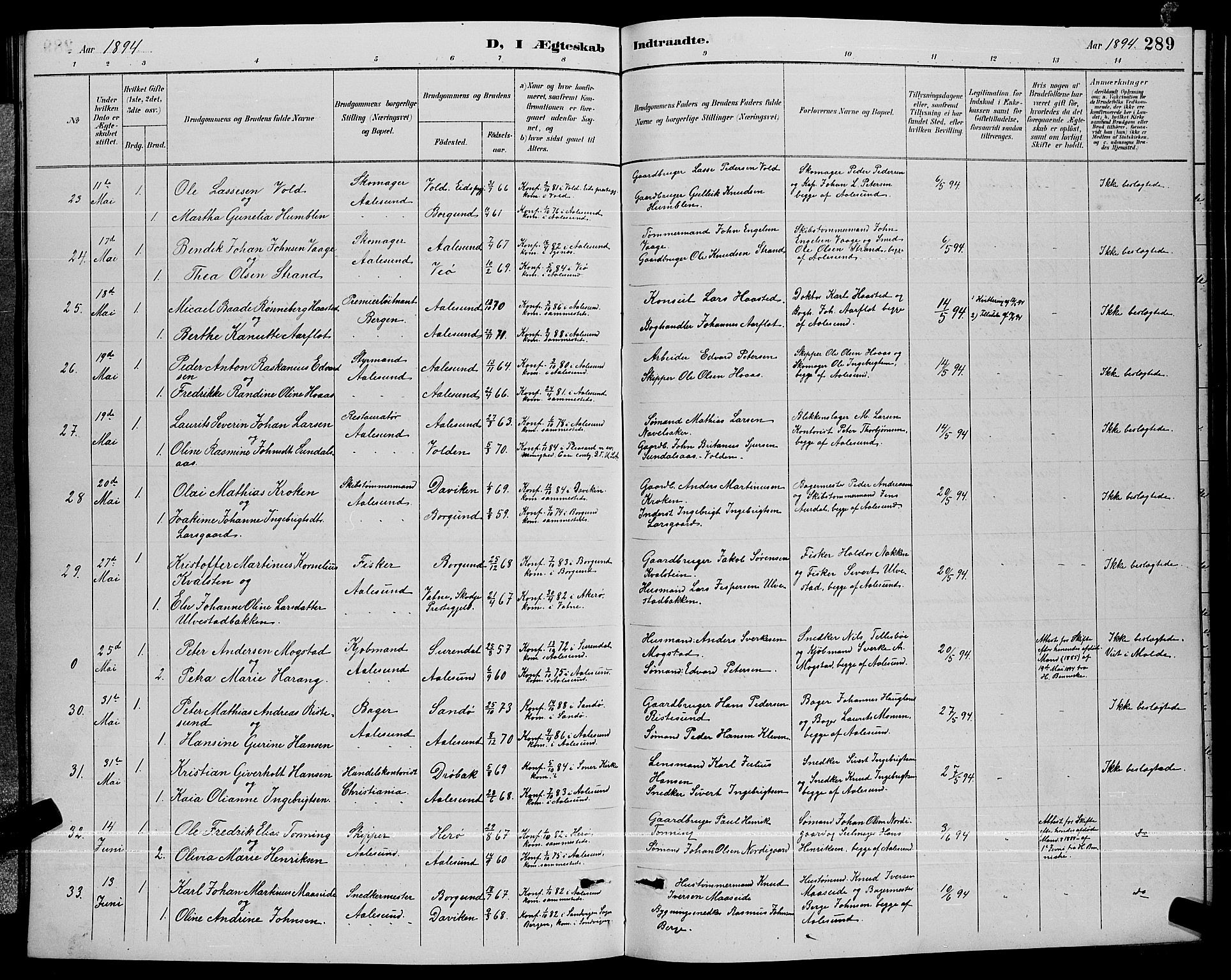 Ministerialprotokoller, klokkerbøker og fødselsregistre - Møre og Romsdal, SAT/A-1454/529/L0467: Klokkerbok nr. 529C04, 1889-1897, s. 289