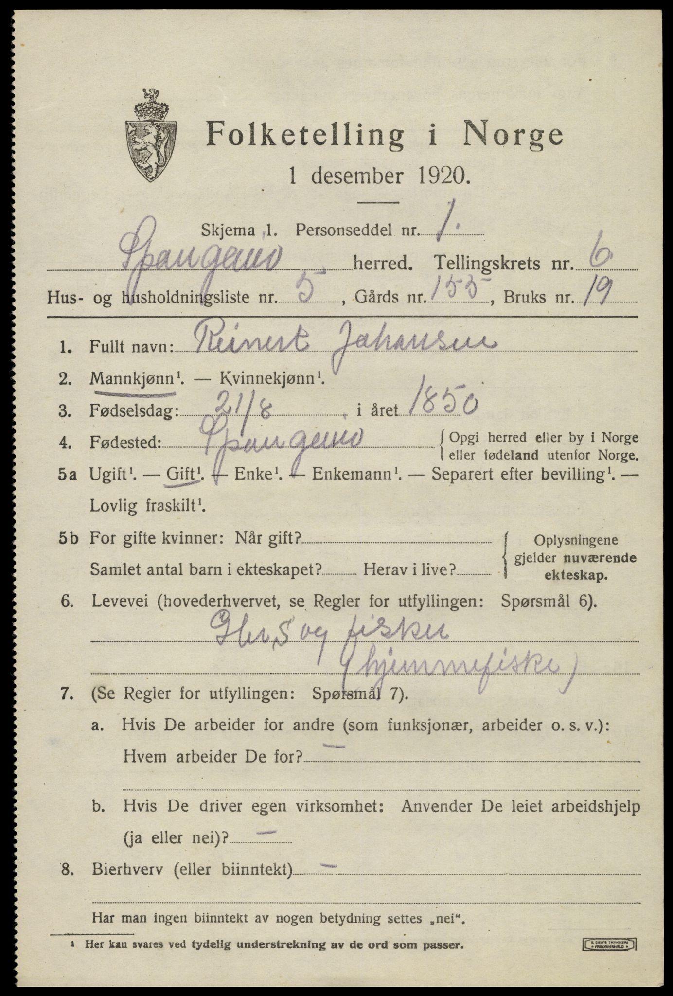 SAK, Folketelling 1920 for 1030 Spangereid herred, 1920, s. 2237