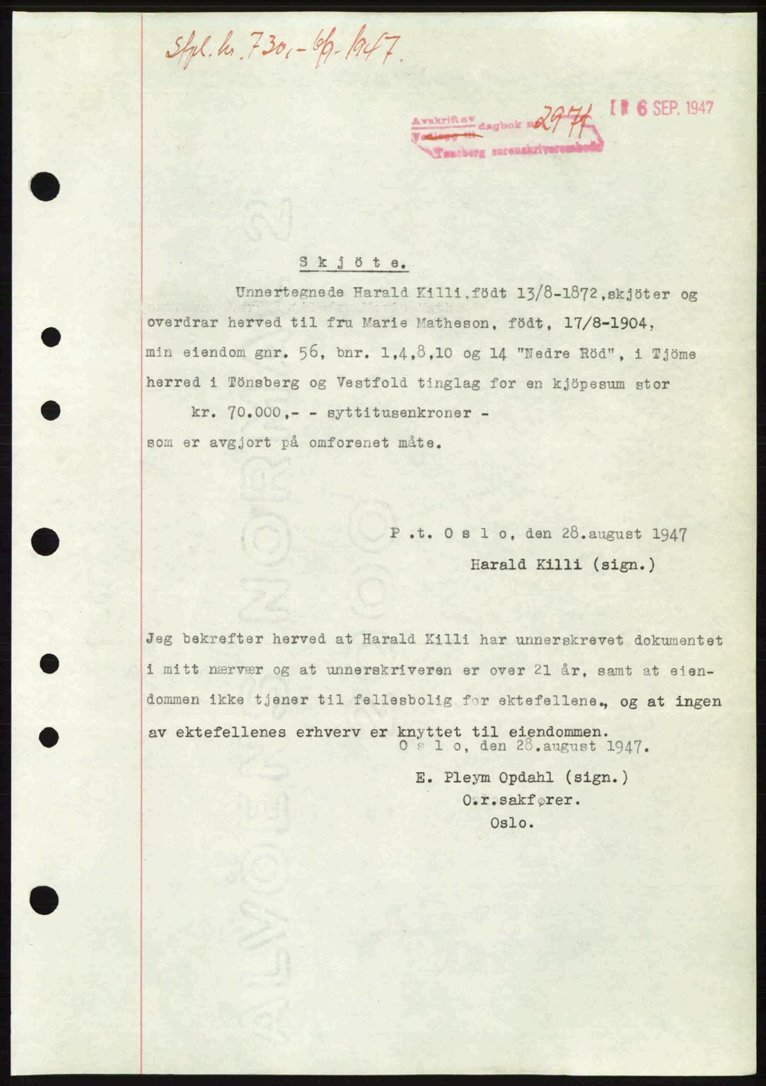 Tønsberg sorenskriveri, SAKO/A-130/G/Ga/Gaa/L0022: Pantebok nr. A22, 1947-1947, Dagboknr: 2971/1947