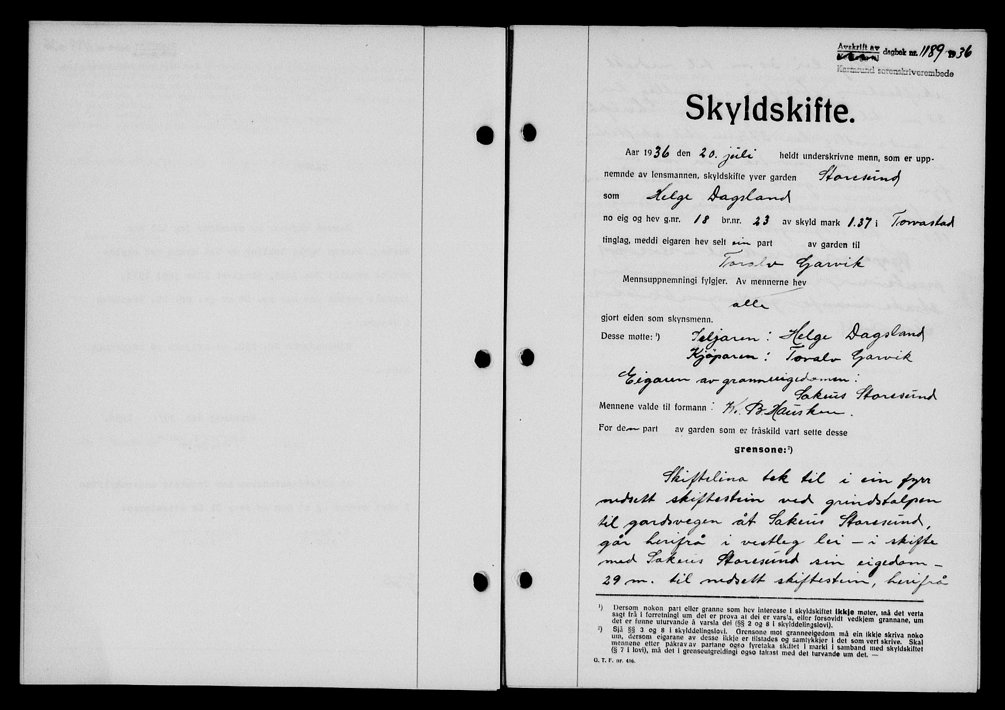Karmsund sorenskriveri, SAST/A-100311/01/II/IIB/L0066: Pantebok nr. 47A, 1936-1936, Dagboknr: 1189/1936