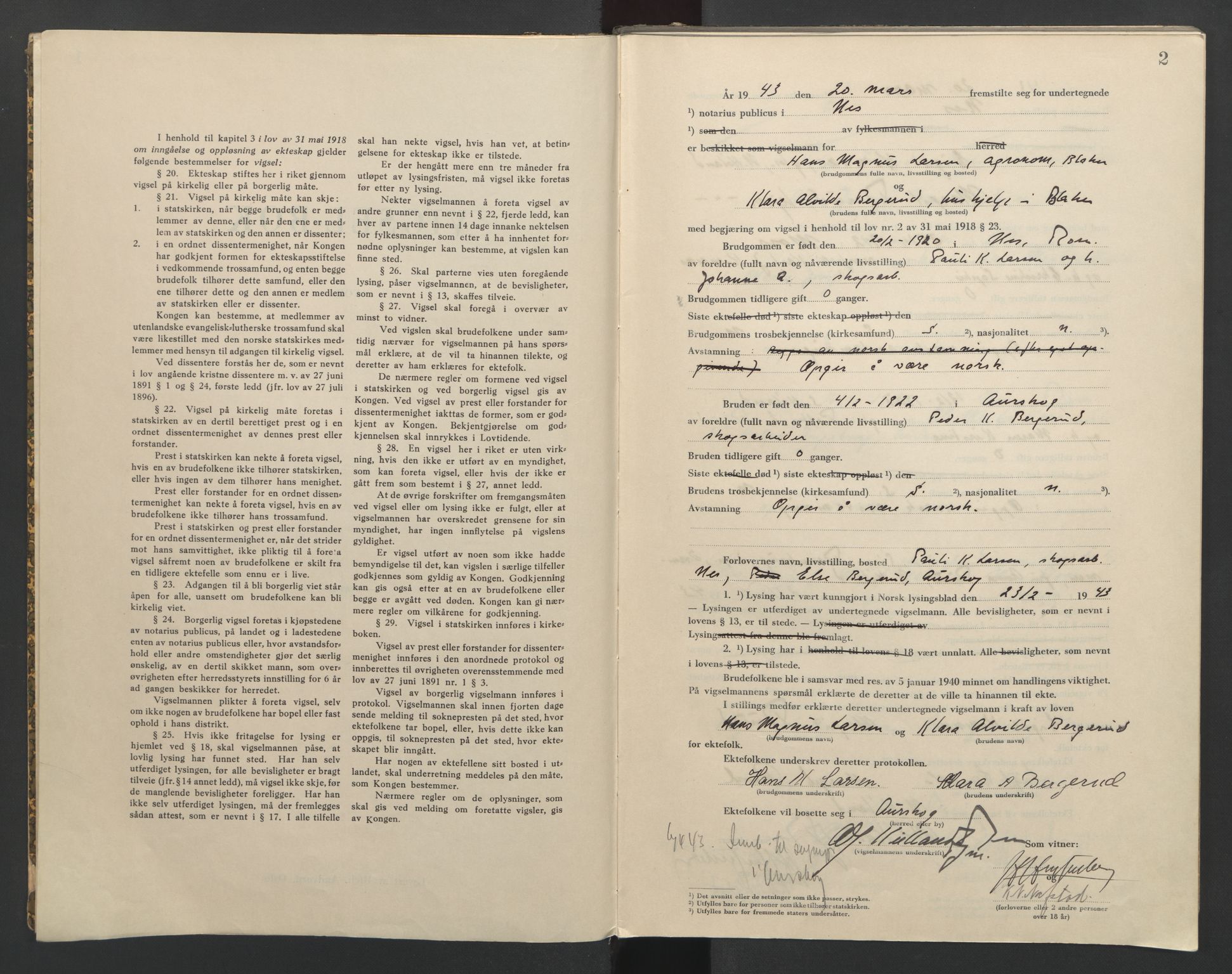 Nes tingrett, AV/SAO-A-10548/L/Lc/Lca/L0002: Vigselbok, 1943-1944, s. 2