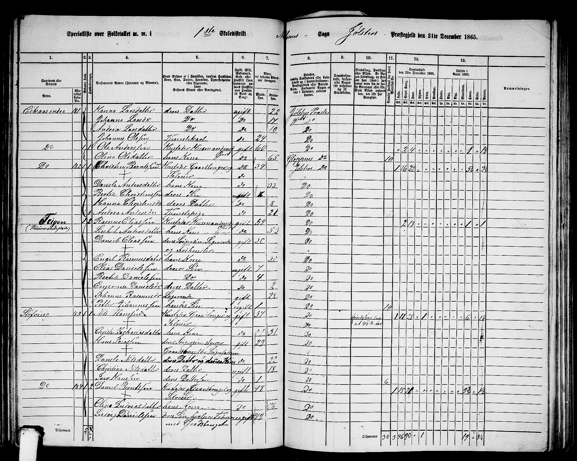 RA, Folketelling 1865 for 1431P Jølster prestegjeld, 1865, s. 98