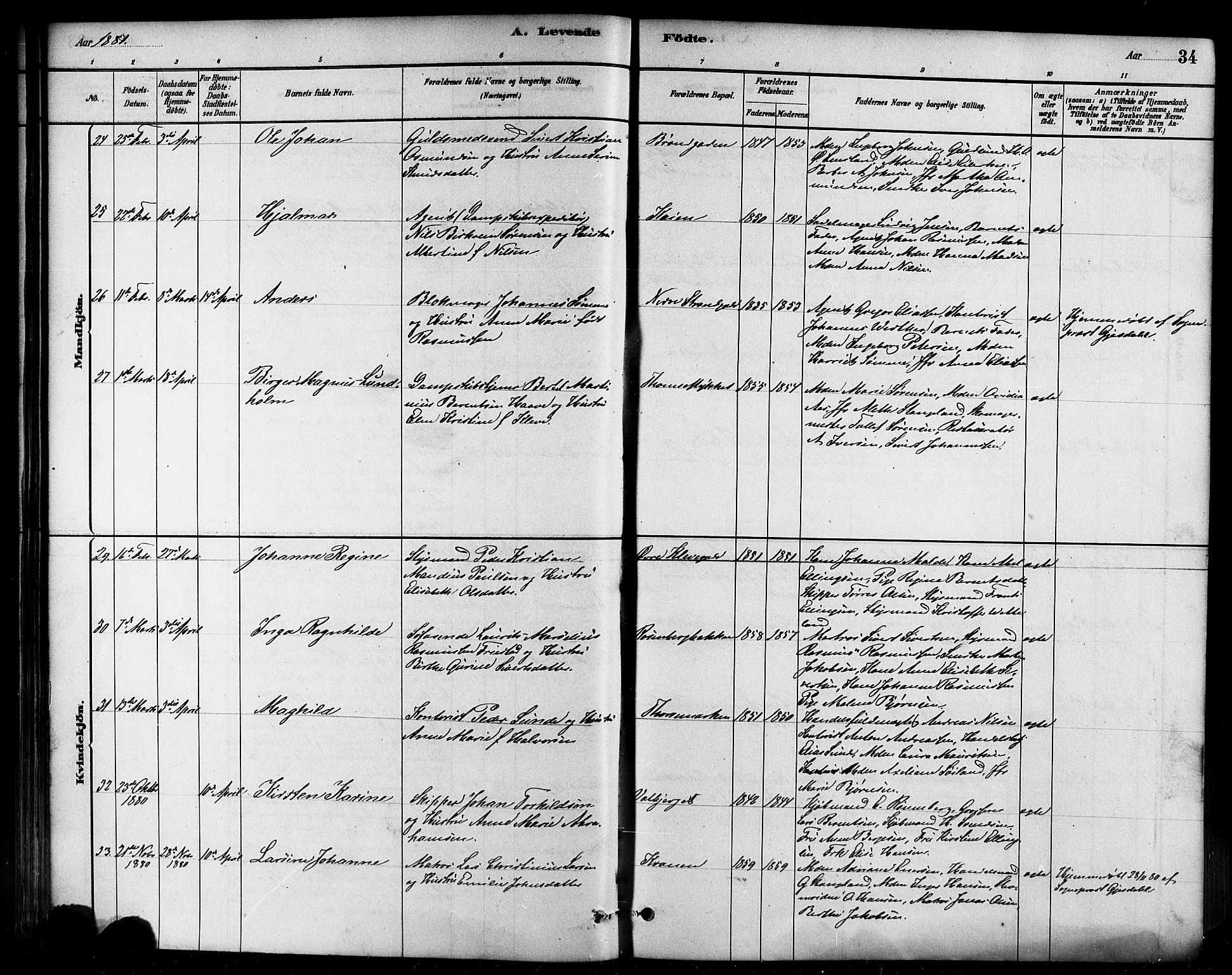 Domkirken sokneprestkontor, AV/SAST-A-101812/001/30/30BB/L0015: Klokkerbok nr. B 15, 1880-1891, s. 34