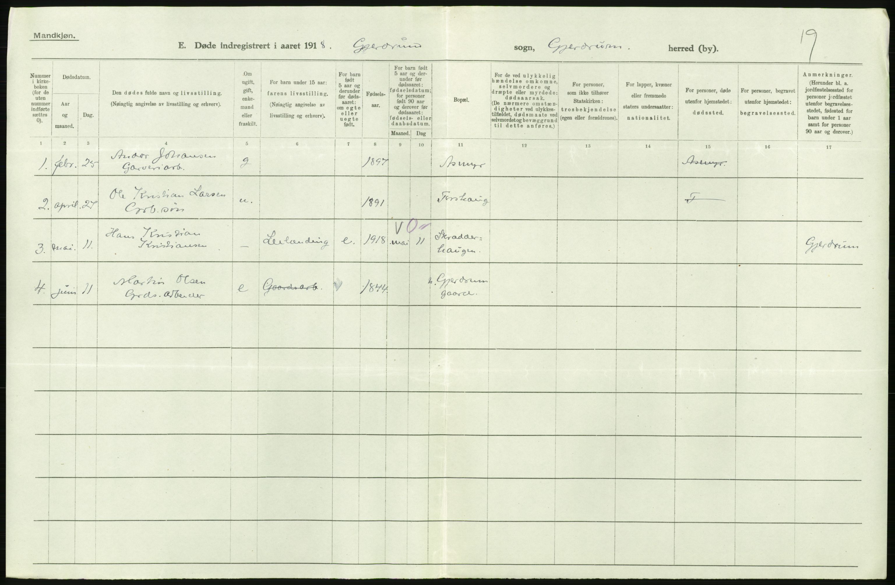 Statistisk sentralbyrå, Sosiodemografiske emner, Befolkning, RA/S-2228/D/Df/Dfb/Dfbh/L0006: Akershus fylke: Døde. Bygder og byer., 1918, s. 292