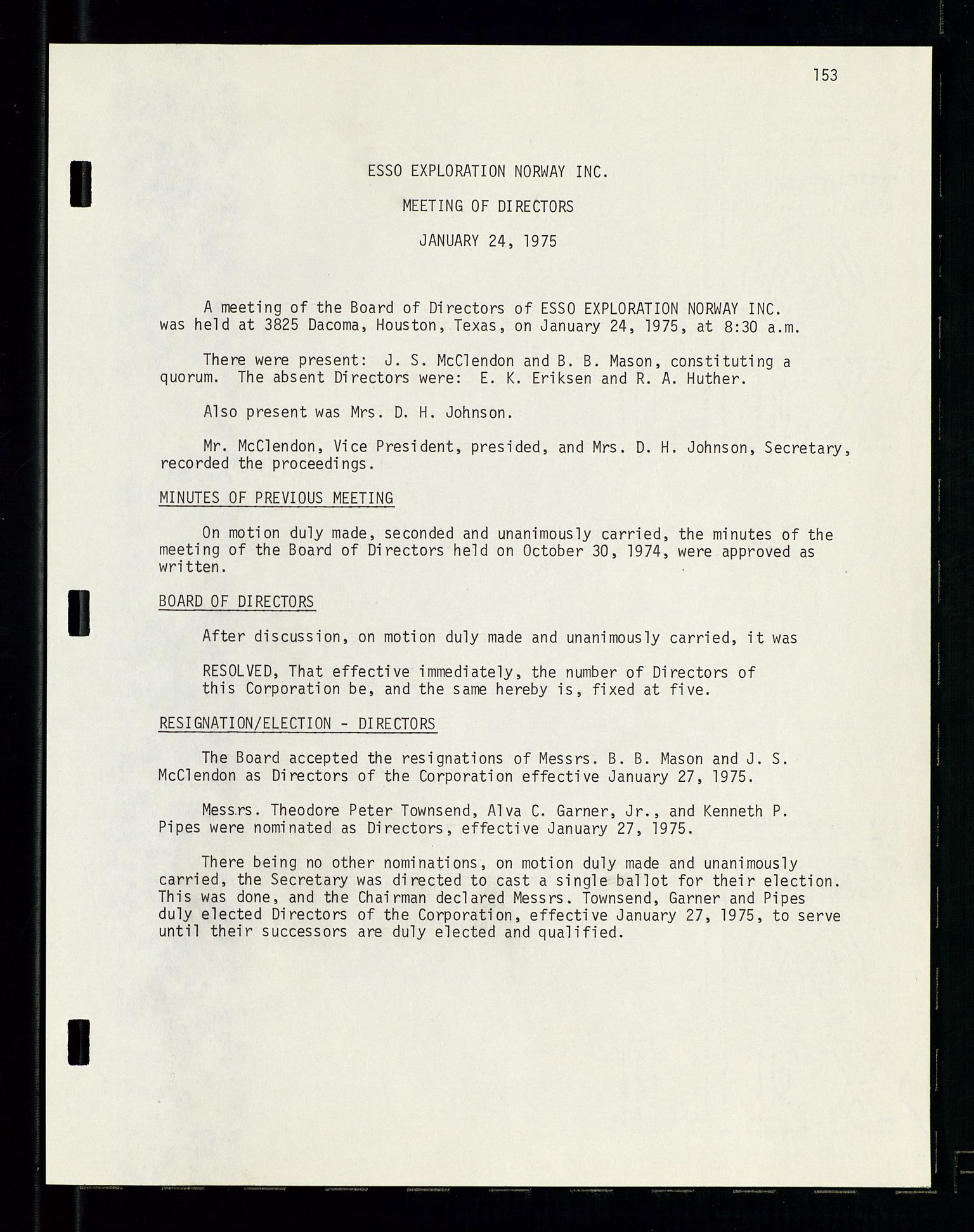 Pa 1512 - Esso Exploration and Production Norway Inc., SAST/A-101917/A/Aa/L0001/0001: Styredokumenter / Corporate records, By-Laws, Board meeting minutes, Incorporations, 1965-1975, s. 153