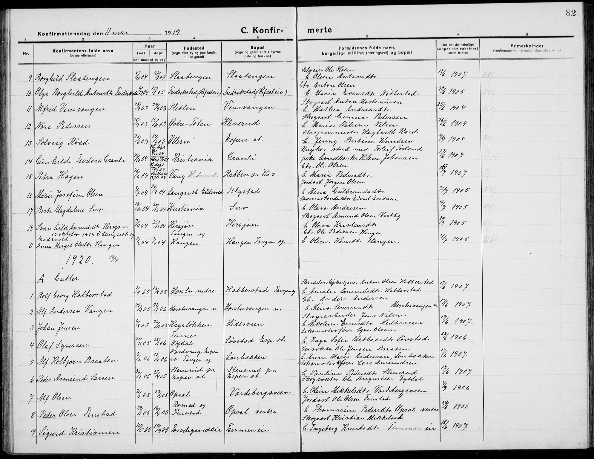 Stange prestekontor, AV/SAH-PREST-002/L/L0017: Klokkerbok nr. 17, 1918-1936, s. 82