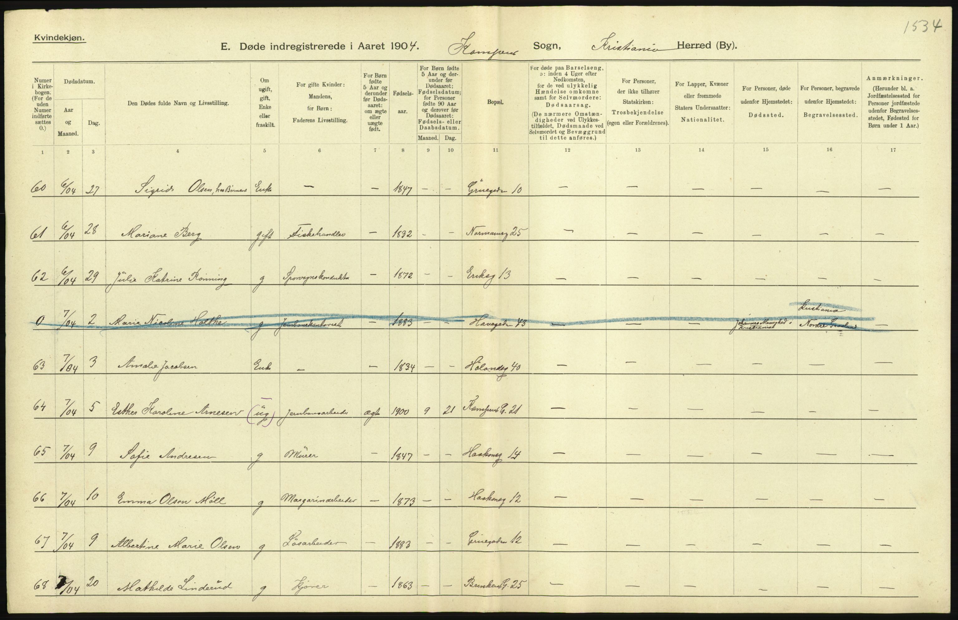 Statistisk sentralbyrå, Sosiodemografiske emner, Befolkning, AV/RA-S-2228/D/Df/Dfa/Dfab/L0004: Kristiania: Gifte, døde, 1904, s. 517