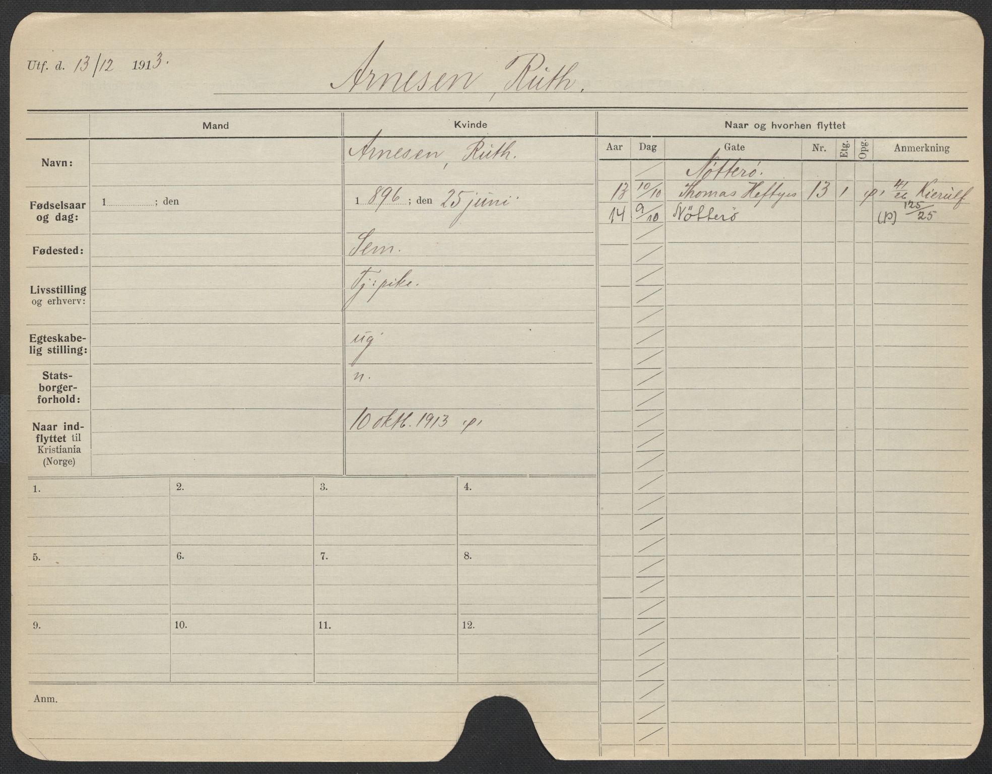 Oslo folkeregister, Registerkort, SAO/A-11715/F/Fa/Fac/L0012: Kvinner, 1906-1914, s. 1051a