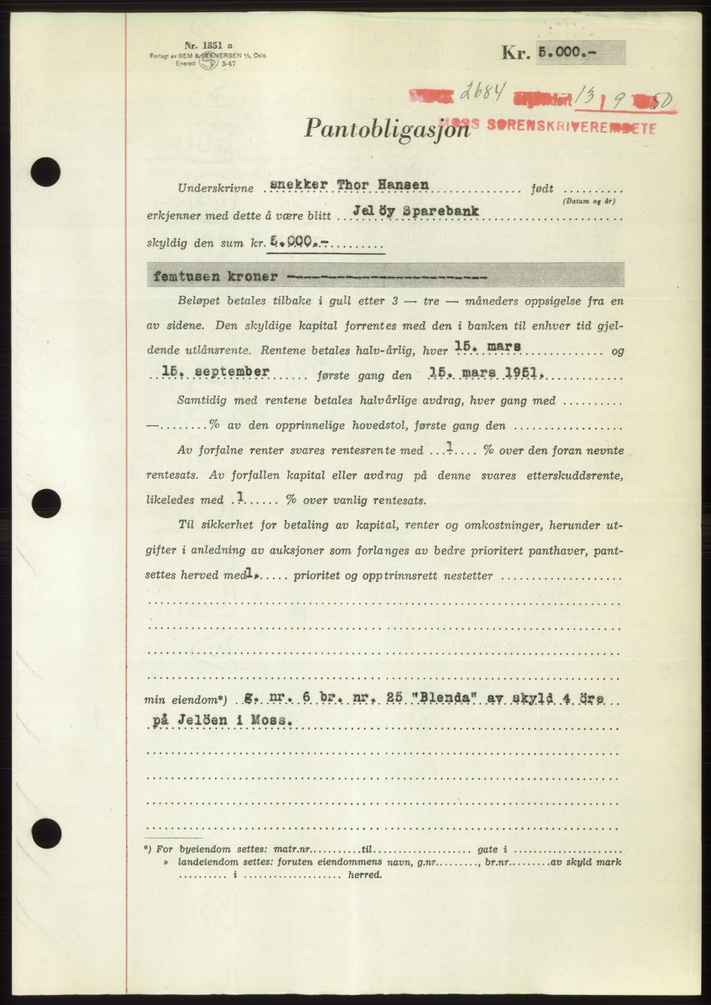 Moss sorenskriveri, SAO/A-10168: Pantebok nr. B25, 1950-1950, Dagboknr: 2684/1950