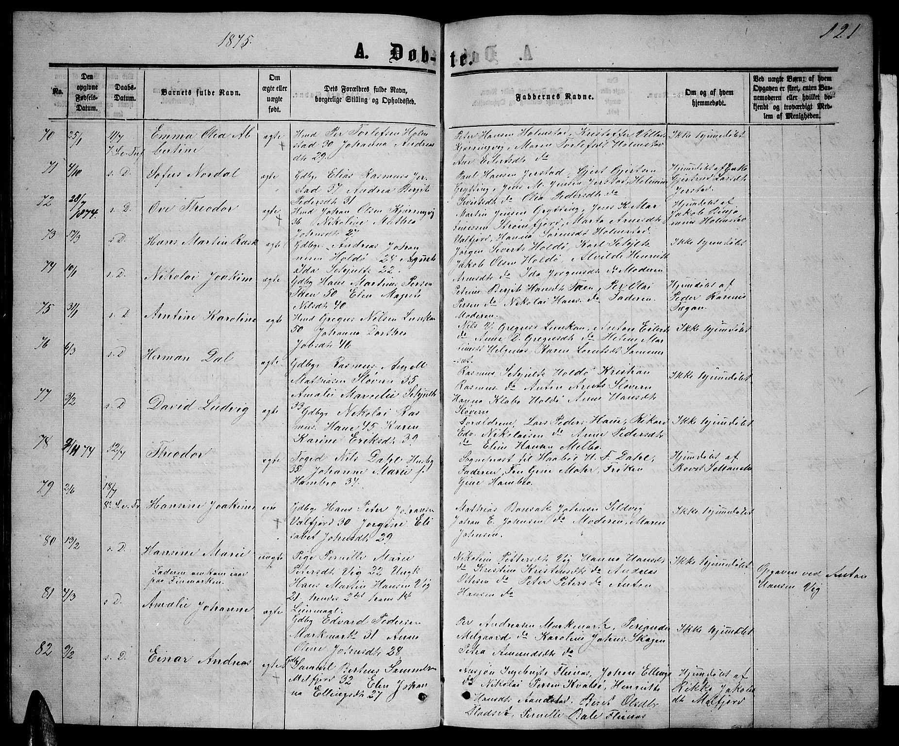 Ministerialprotokoller, klokkerbøker og fødselsregistre - Nordland, AV/SAT-A-1459/888/L1266: Klokkerbok nr. 888C04, 1864-1877, s. 121