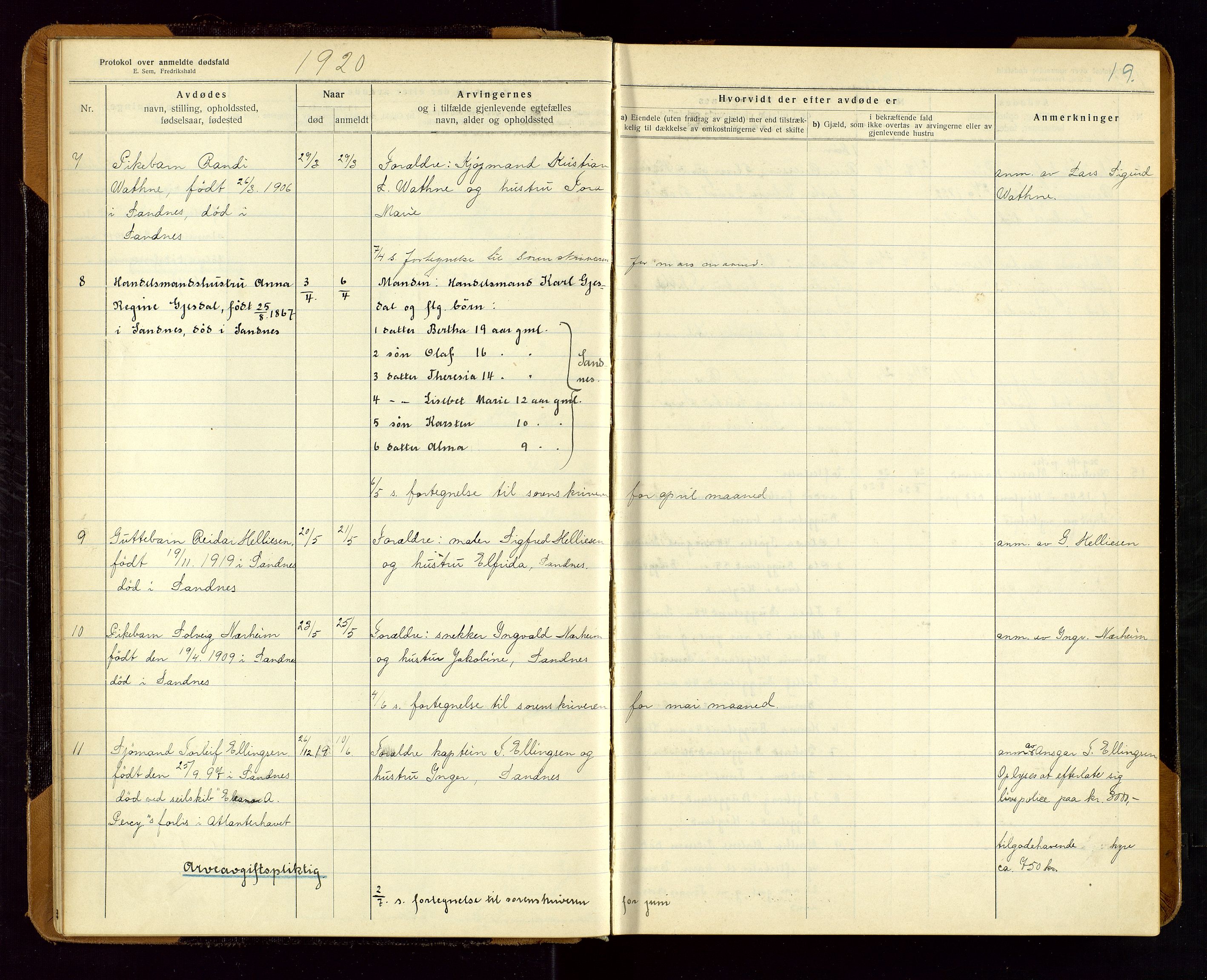 Sandnes lensmannskontor, SAST/A-100167/Gga/L0001: "Protokol over anmeldte dødsfald" m/register, 1918-1940, s. 19