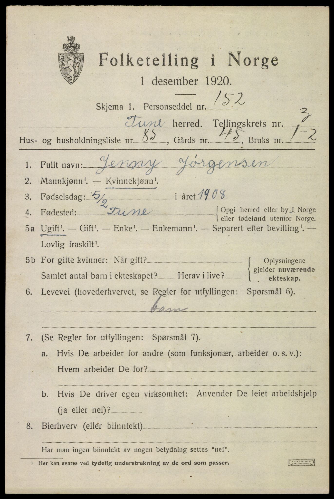 SAO, Folketelling 1920 for 0130 Tune herred, 1920, s. 5040