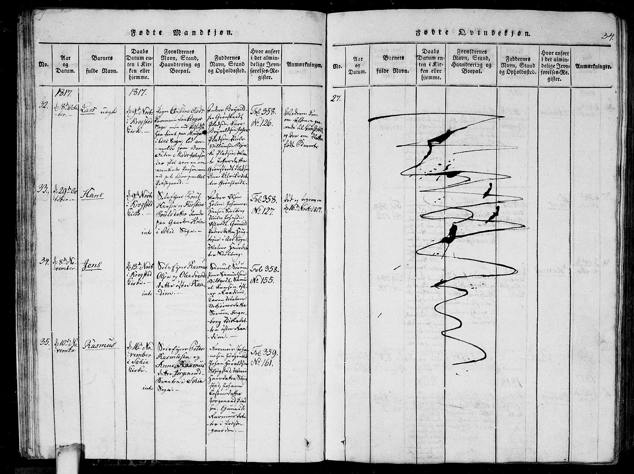 Kråkstad prestekontor Kirkebøker, AV/SAO-A-10125a/G/Ga/L0001: Klokkerbok nr. I 1, 1813-1824, s. 34