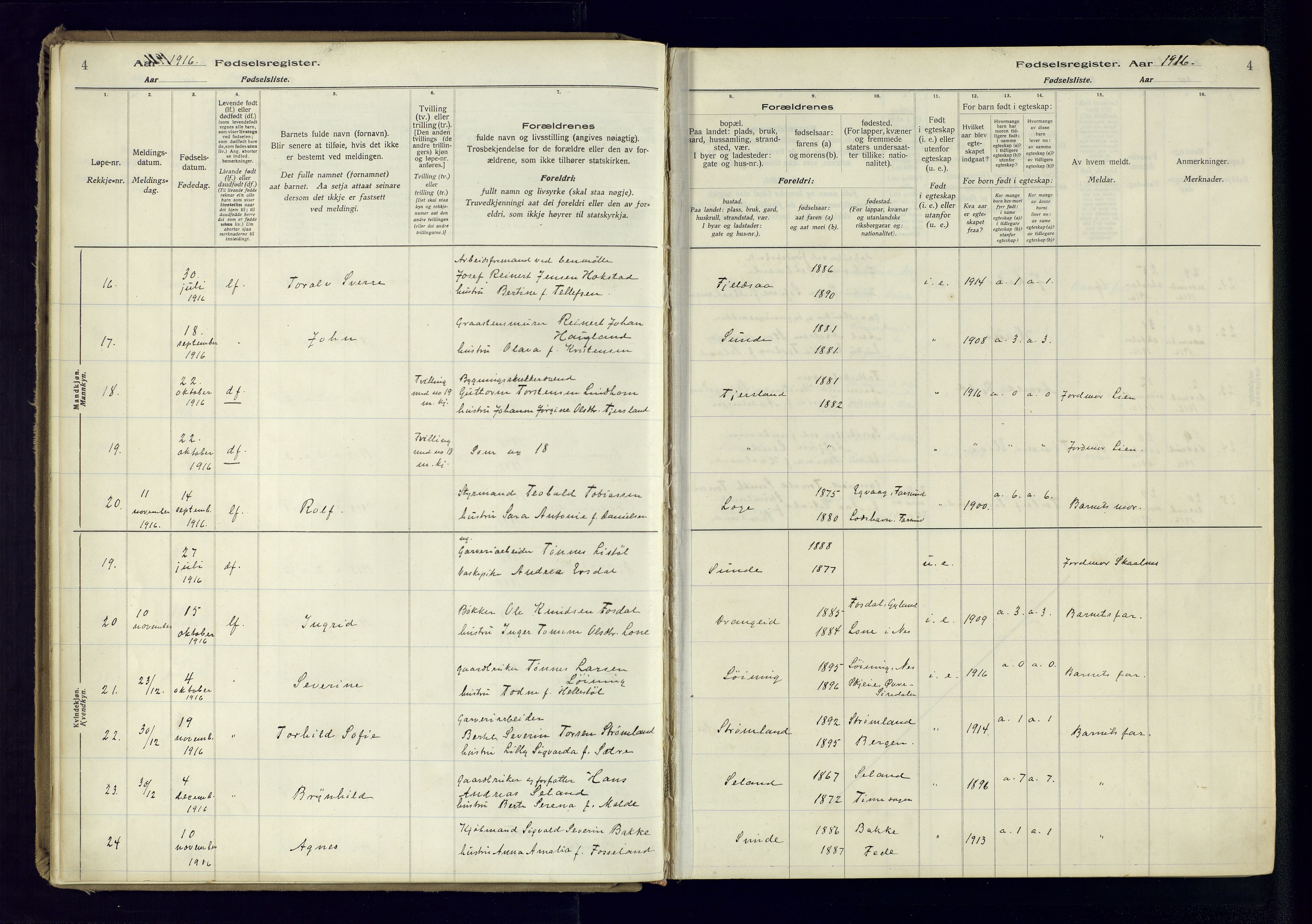 Flekkefjord sokneprestkontor, AV/SAK-1111-0012/J/Ja/L0005: Fødselsregister nr. 5, 1916-1950, s. 4