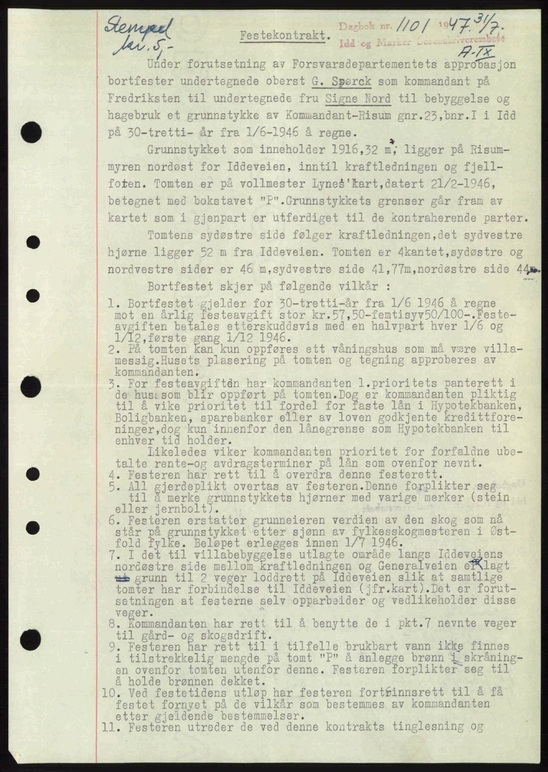 Idd og Marker sorenskriveri, SAO/A-10283/G/Gb/Gbb/L0009: Pantebok nr. A9, 1946-1947, Dagboknr: 1101/1947